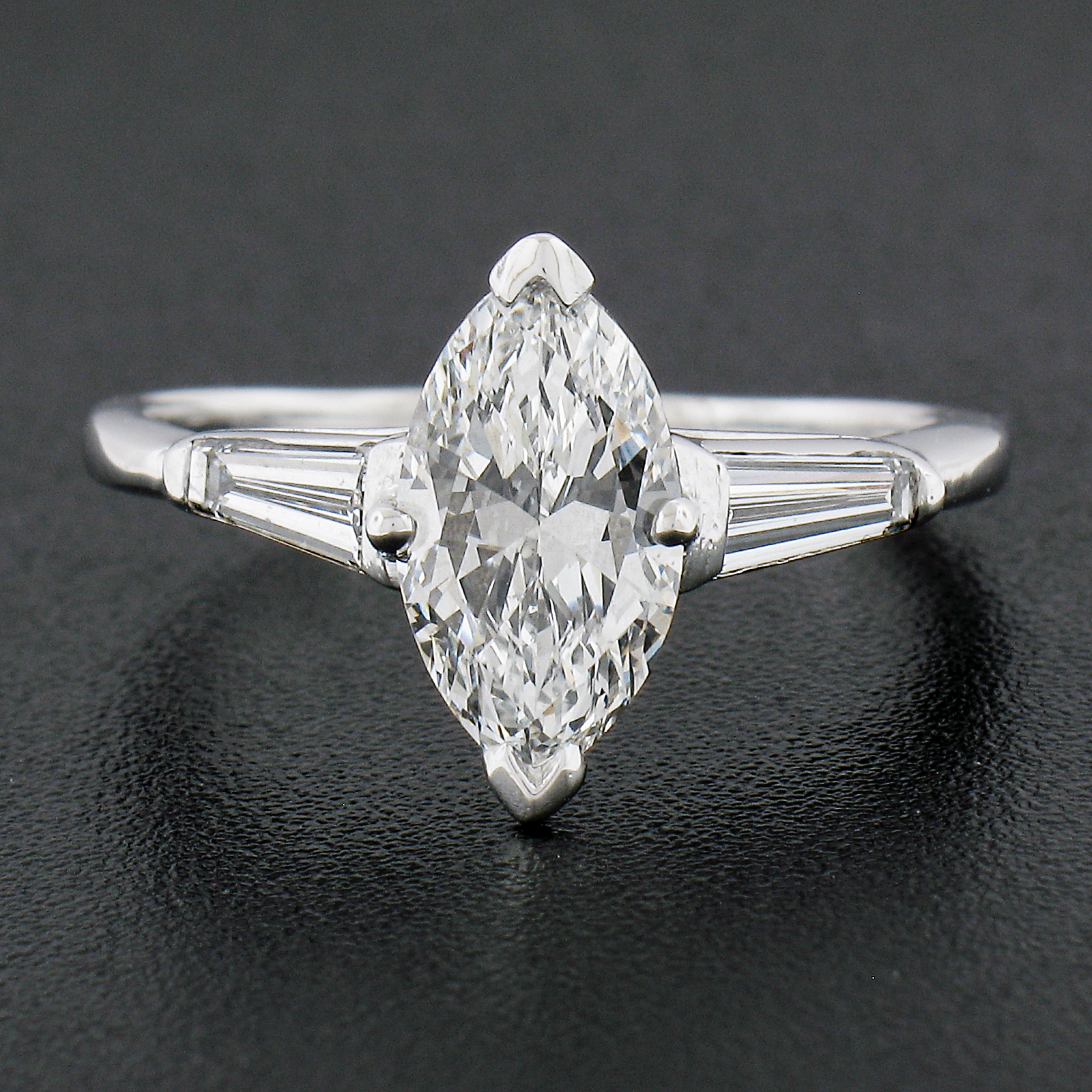 Marquise Cut Vintage Platinum 1.64ctw Gia Marquise Diamond Baguette Accents Engagement Ring For Sale