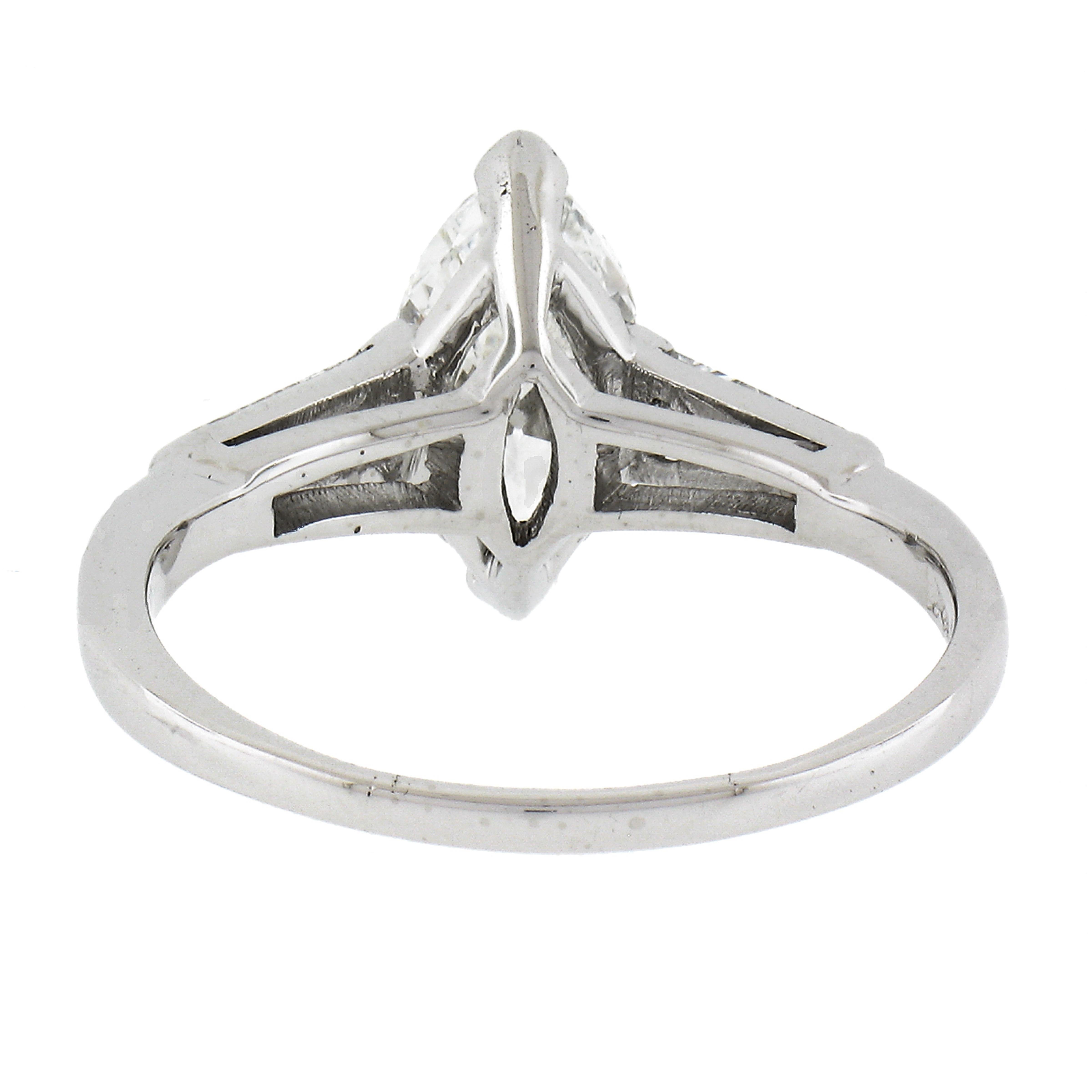 Vintage Platinum 1.64ctw Gia Marquise Diamond Baguette Accents Engagement Ring For Sale 2