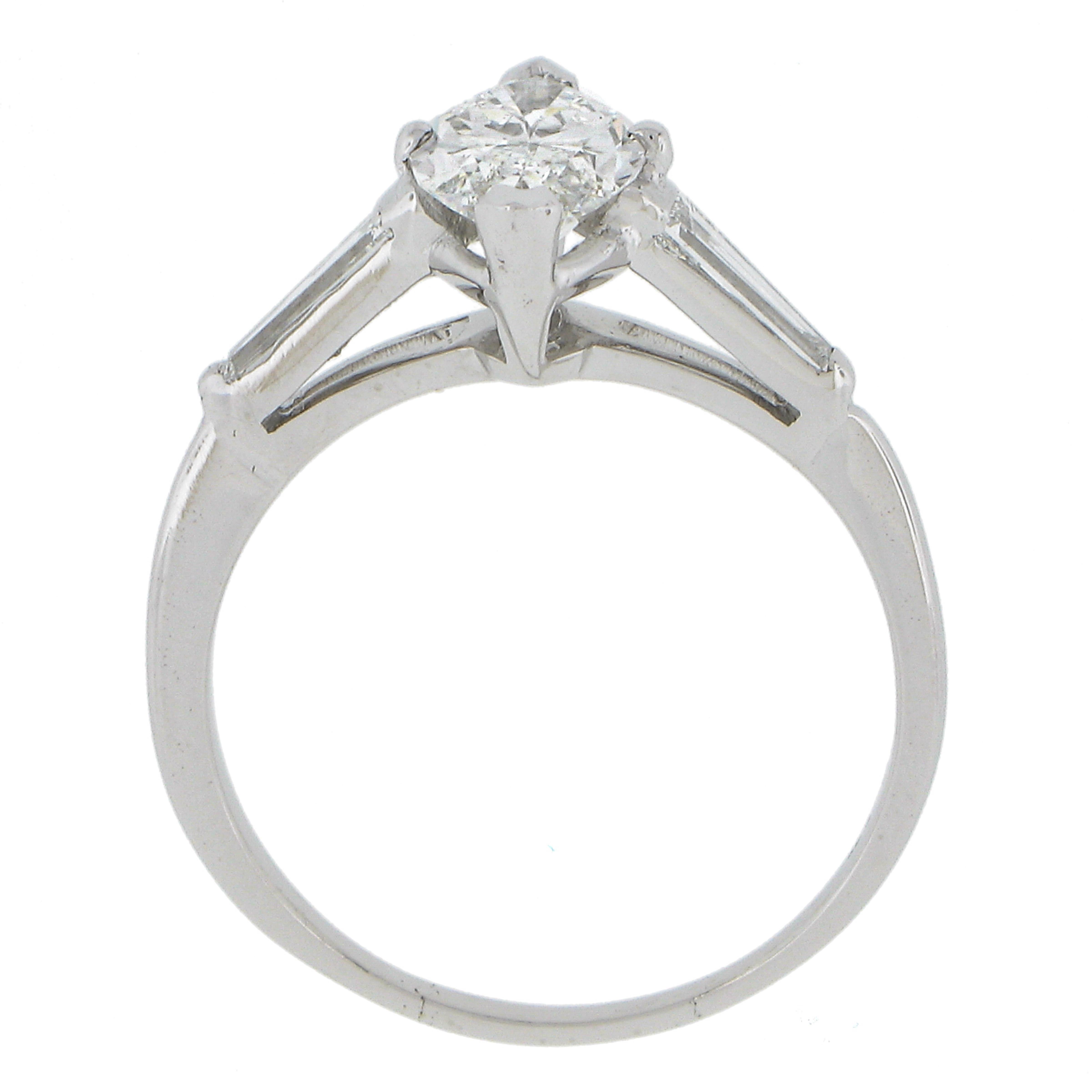 Vintage Platinum 1.64ctw Gia Marquise Diamond Baguette Accents Engagement Ring For Sale 3