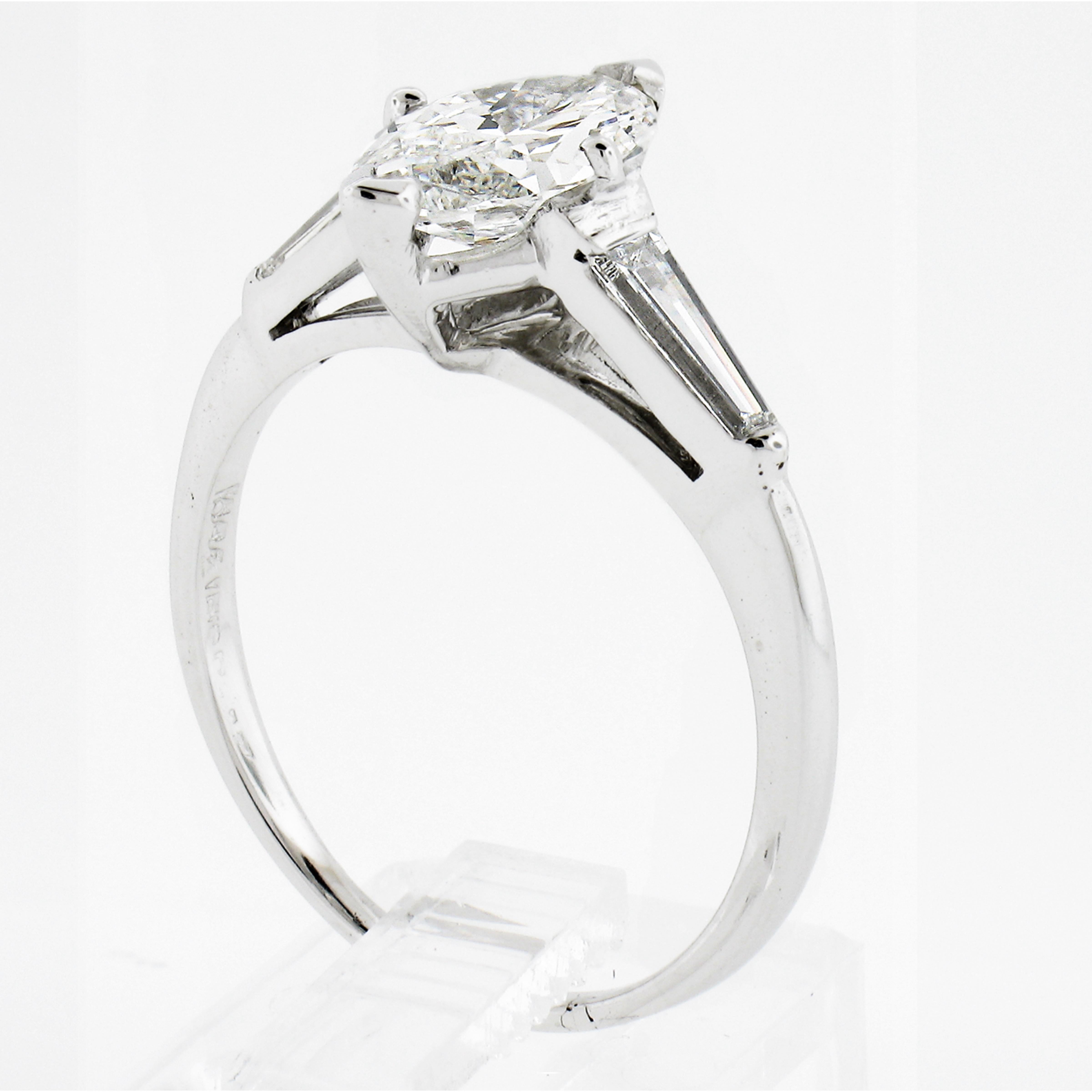 Vintage Platinum 1.64ctw Gia Marquise Diamond Baguette Accents Engagement Ring For Sale 4