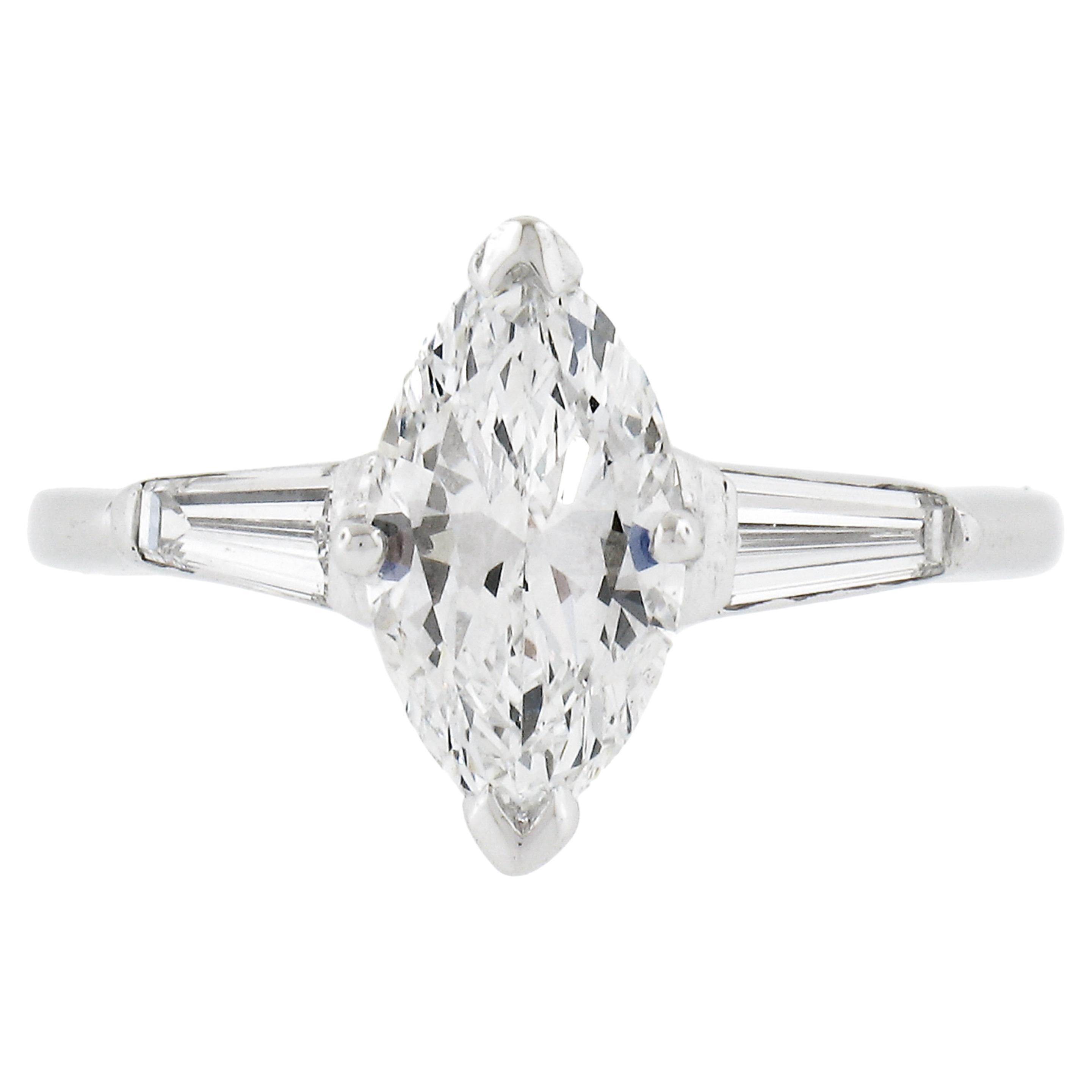 Vintage Platinum 1.64ctw Gia Marquise Diamond Baguette Accents Engagement Ring For Sale