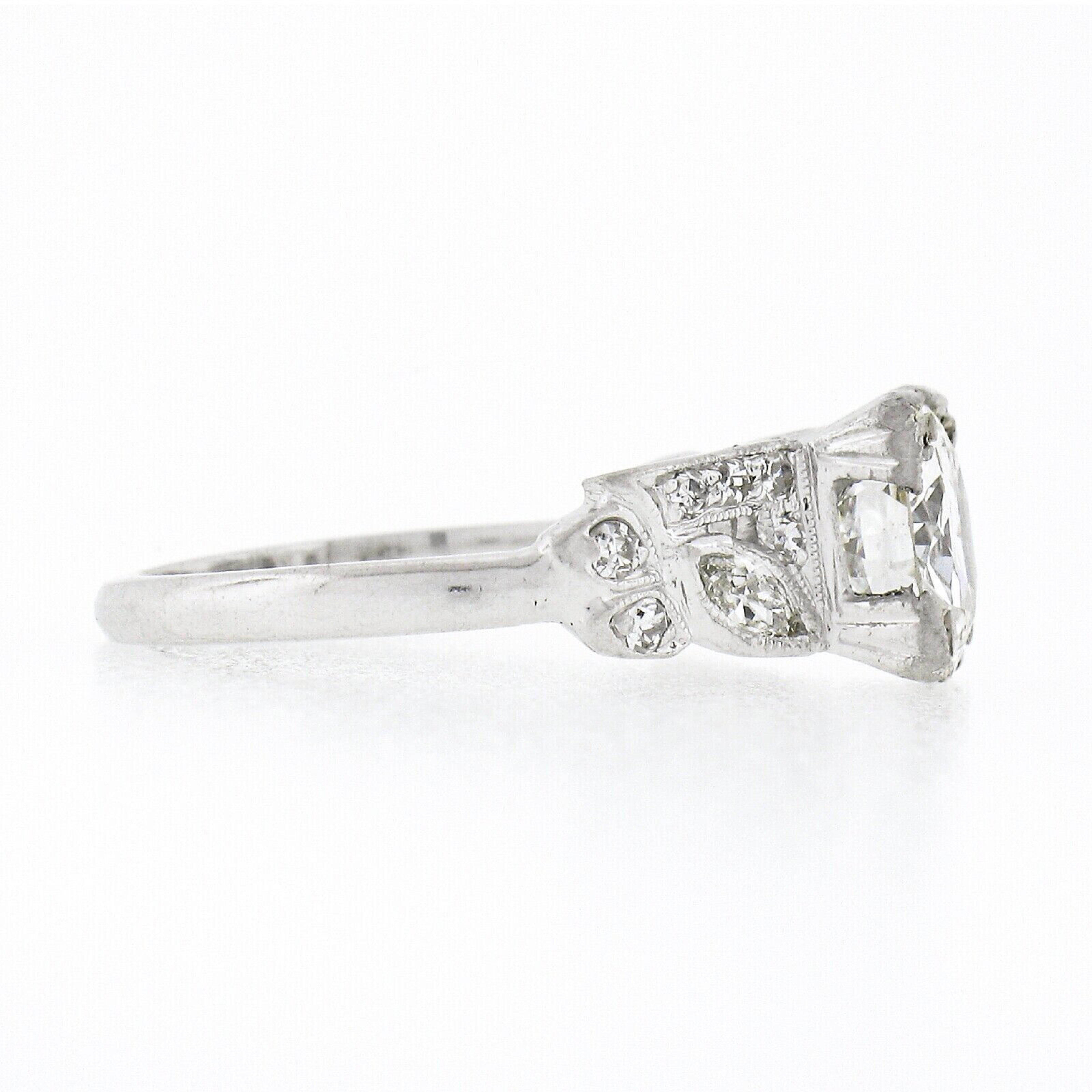 Art Deco Vintage Platinum 1.67ct GIA European Diamond w/ Marquise Accents Engagement Ring For Sale