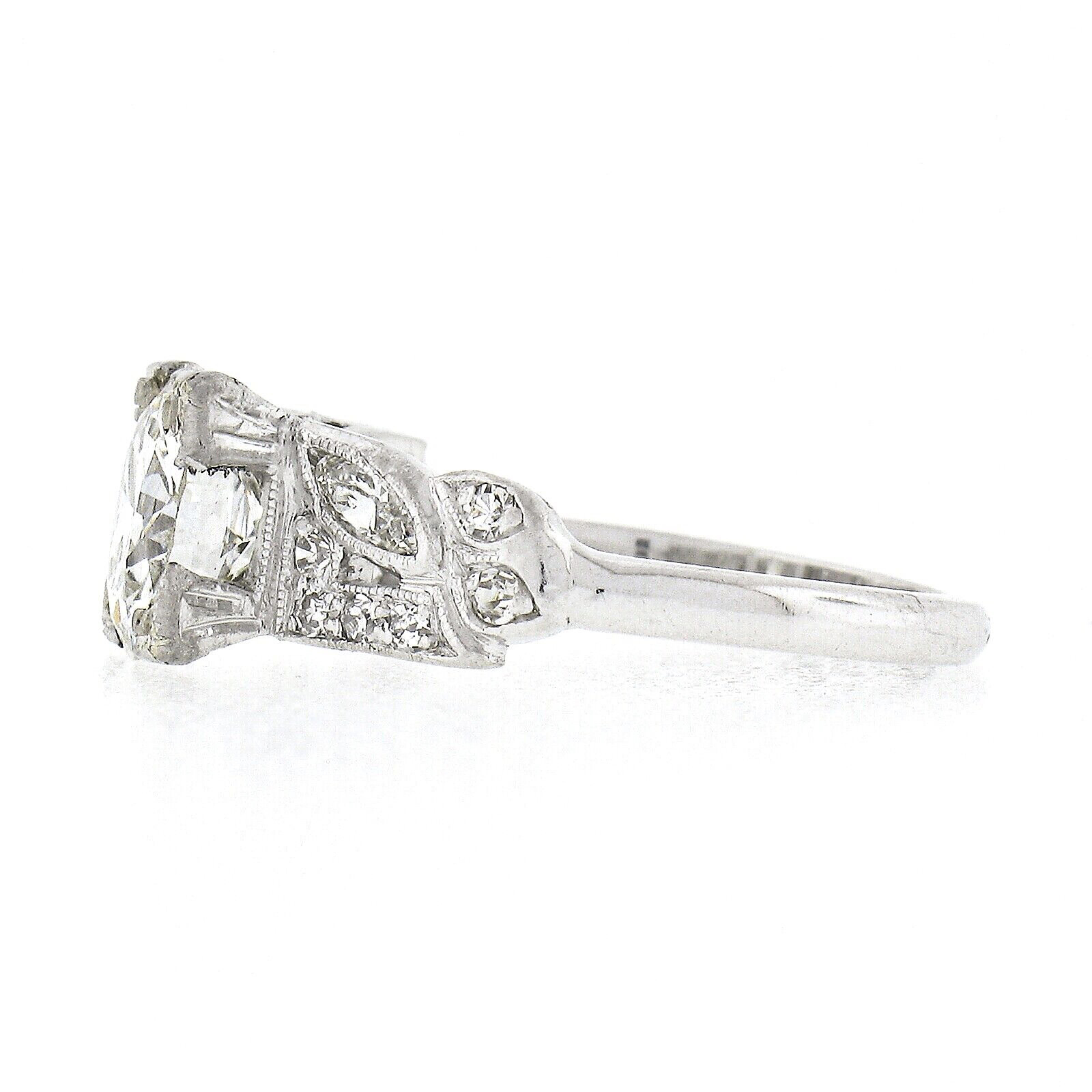 Old European Cut Vintage Platinum 1.67ct GIA European Diamond w/ Marquise Accents Engagement Ring For Sale