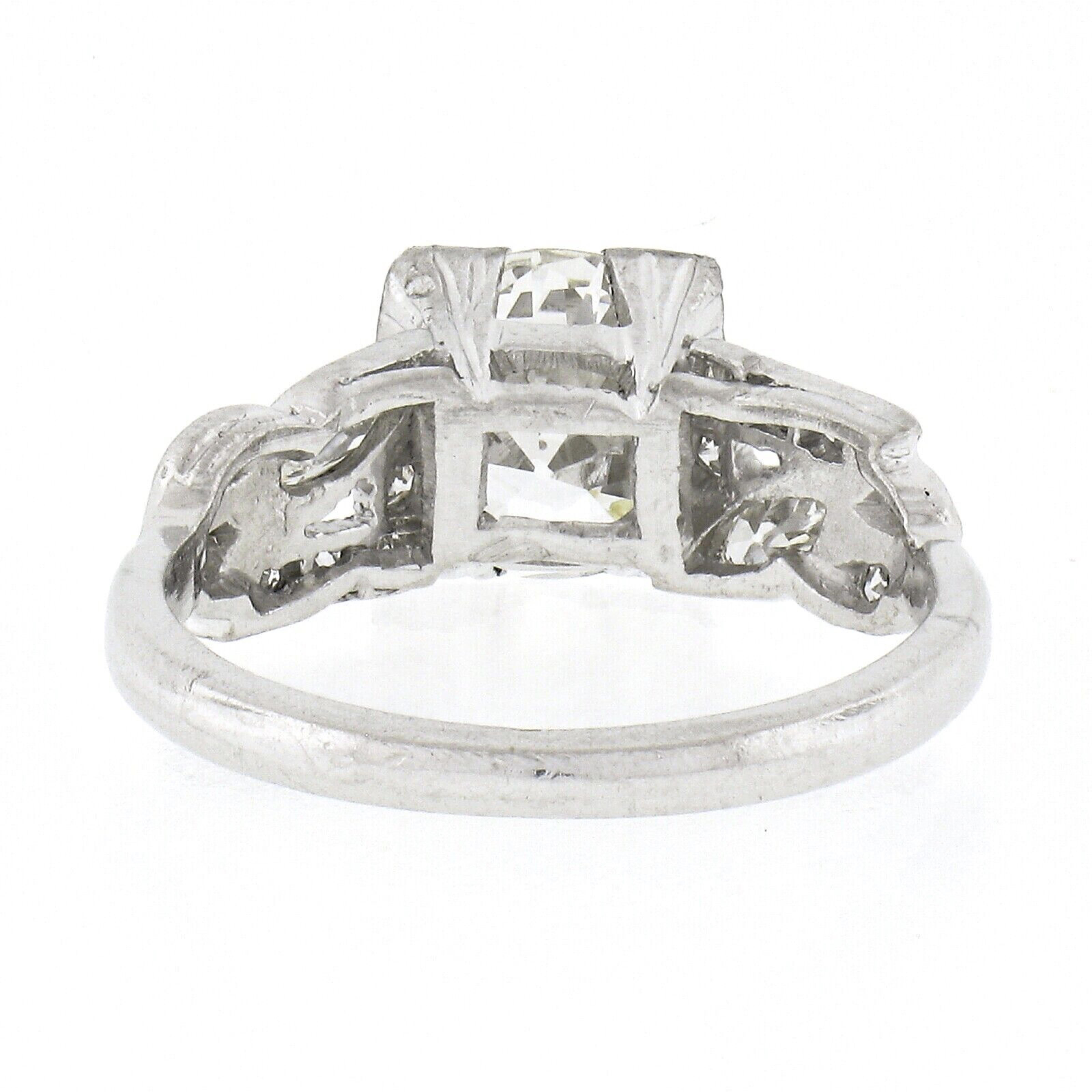 Vintage Platinum 1.67ct GIA European Diamond w/ Marquise Accents Engagement Ring In Good Condition For Sale In Montclair, NJ