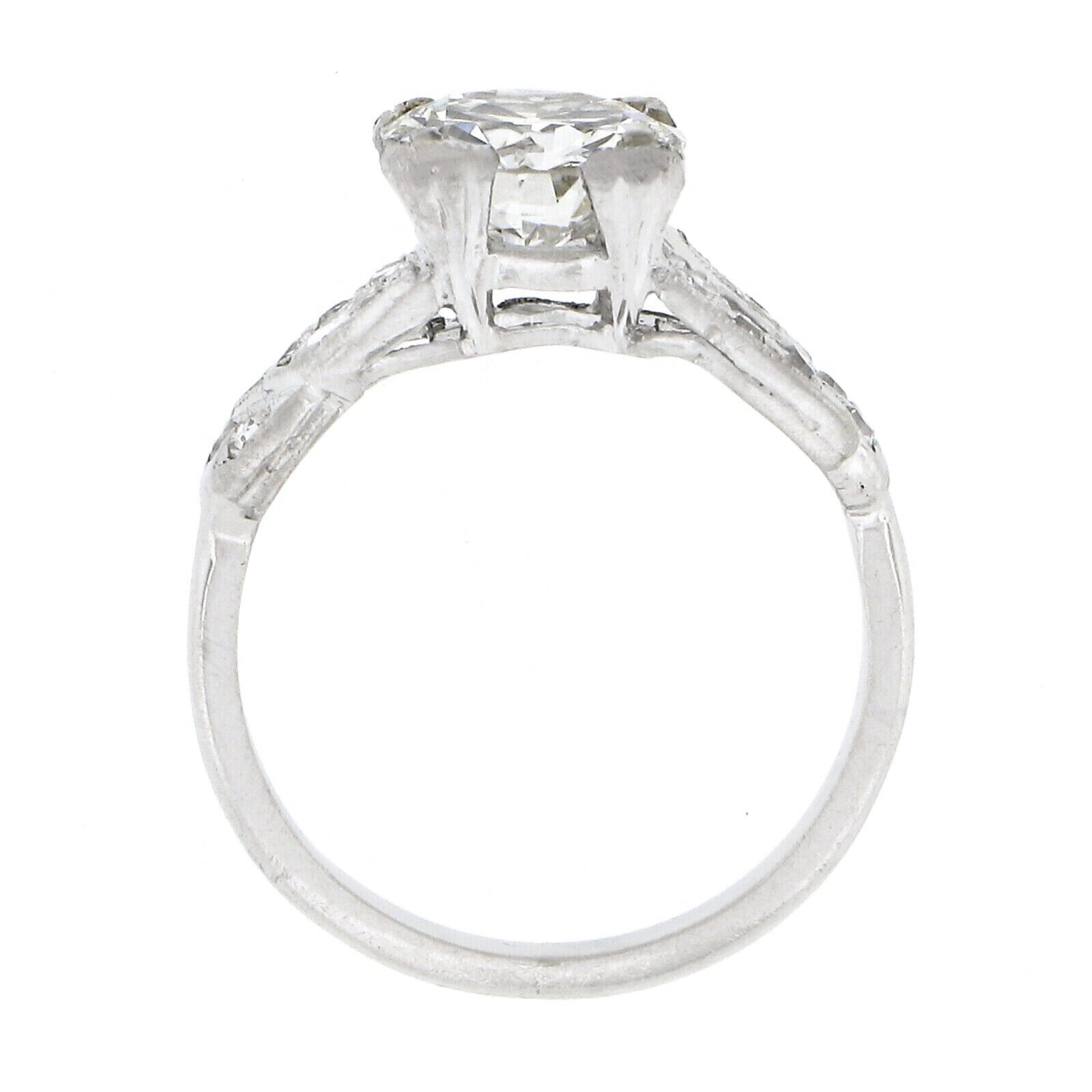 Women's Vintage Platinum 1.67ct GIA European Diamond w/ Marquise Accents Engagement Ring For Sale