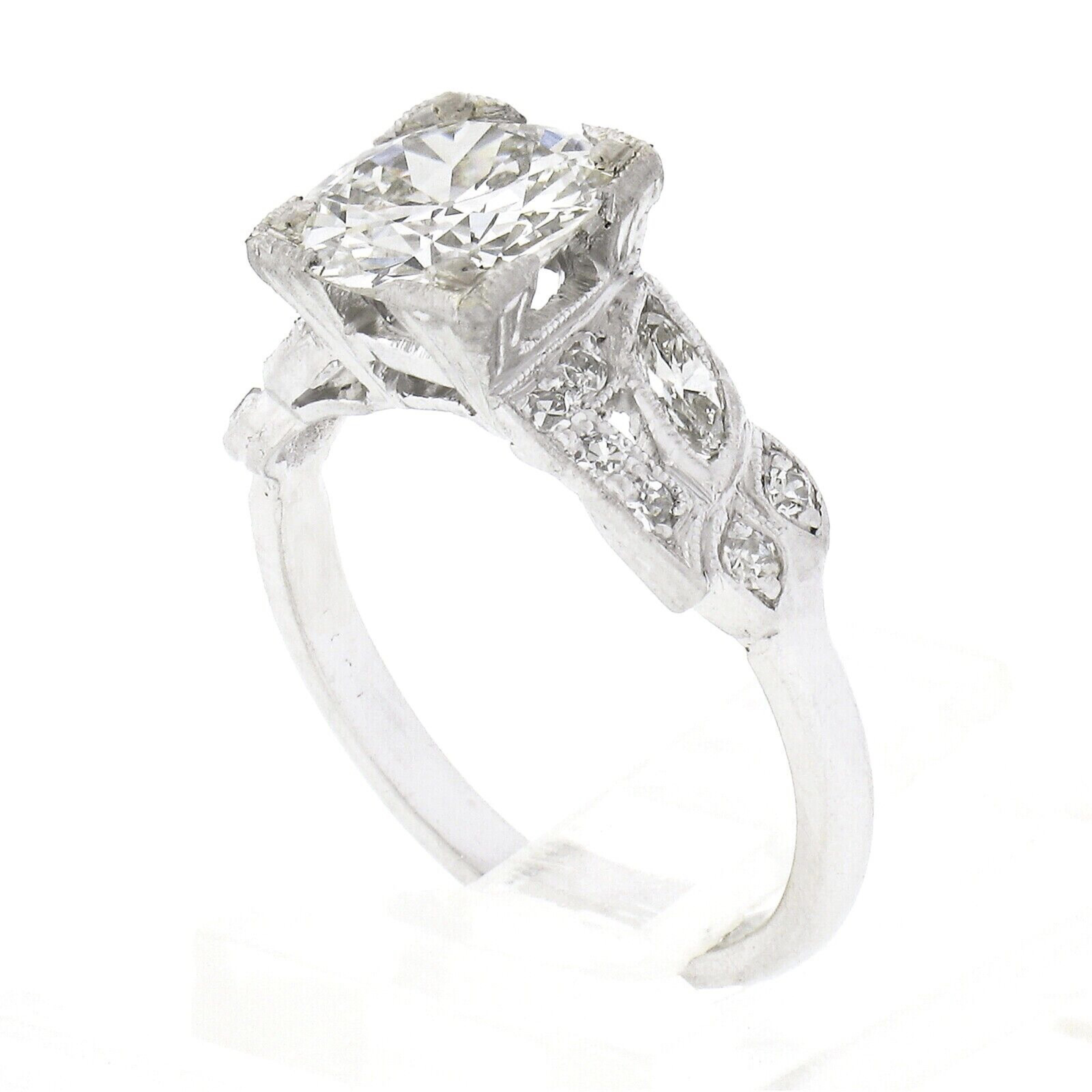 Vintage Platinum 1.67ct GIA European Diamond w/ Marquise Accents Engagement Ring For Sale 1