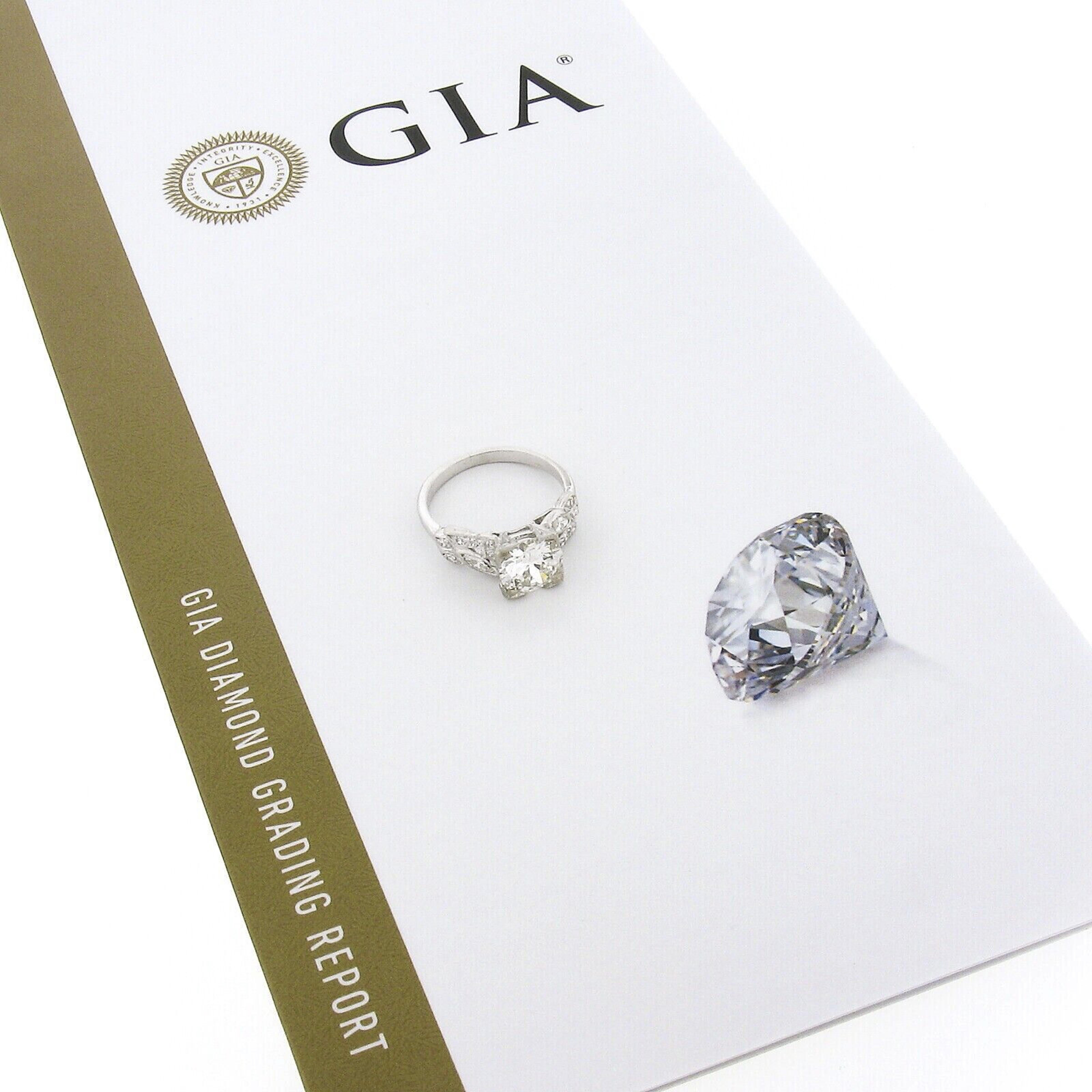 Vintage Platinum 1.67ct GIA European Diamond w/ Marquise Accents Engagement Ring For Sale 2