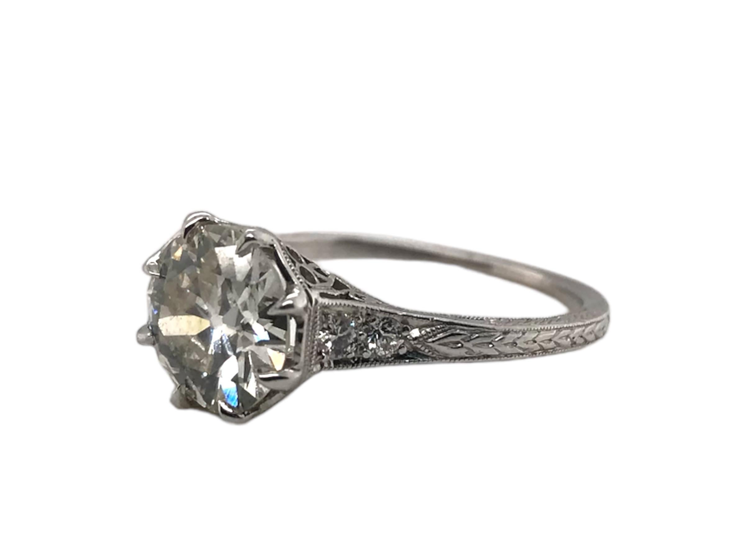 Anillo de compromiso solitario vintage de platino de corte europeo antiguo de 1,69 quilates Art Decó