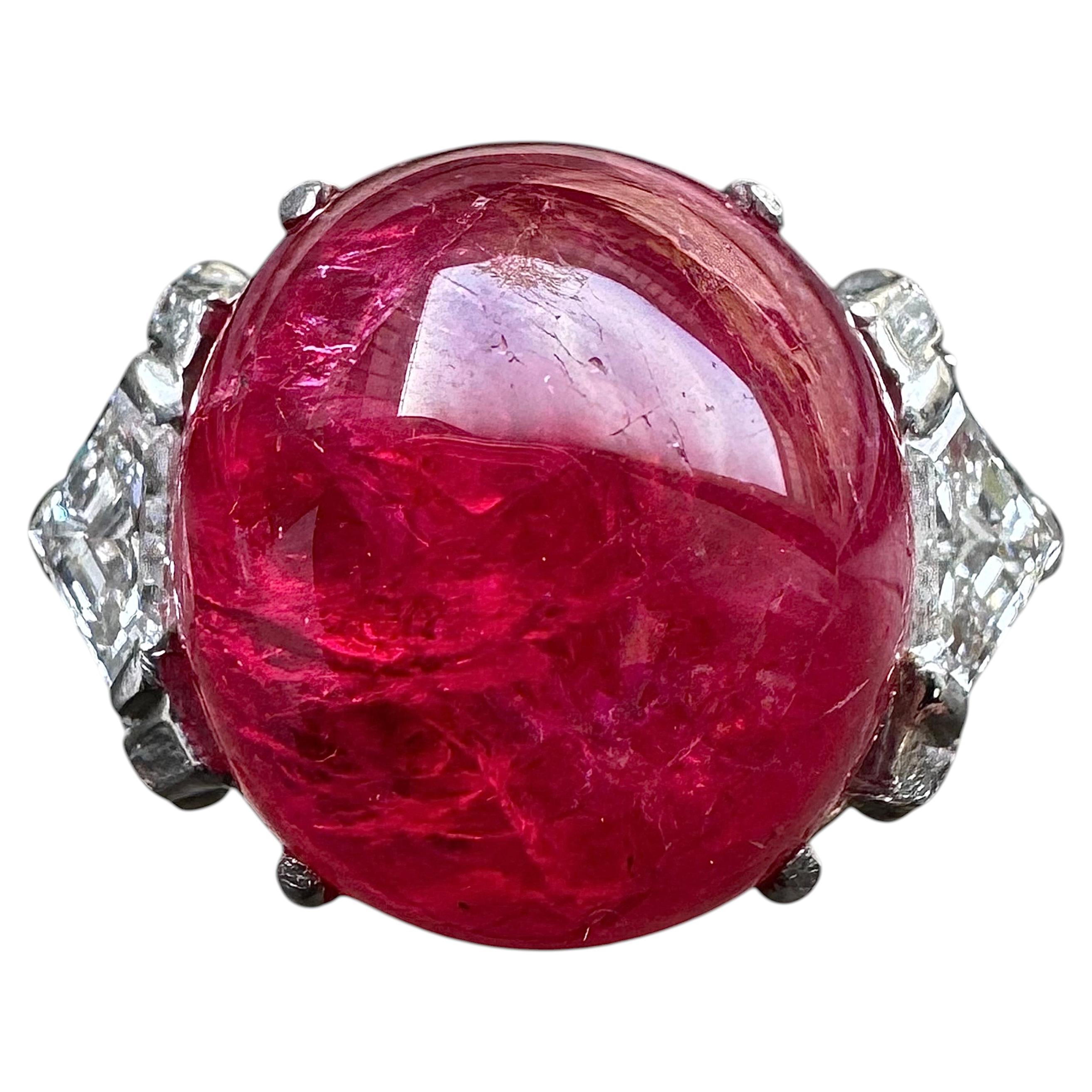 Vintage Platinum 17.94ct Cabochon Red Spinel & Diamond Cocktail Ring