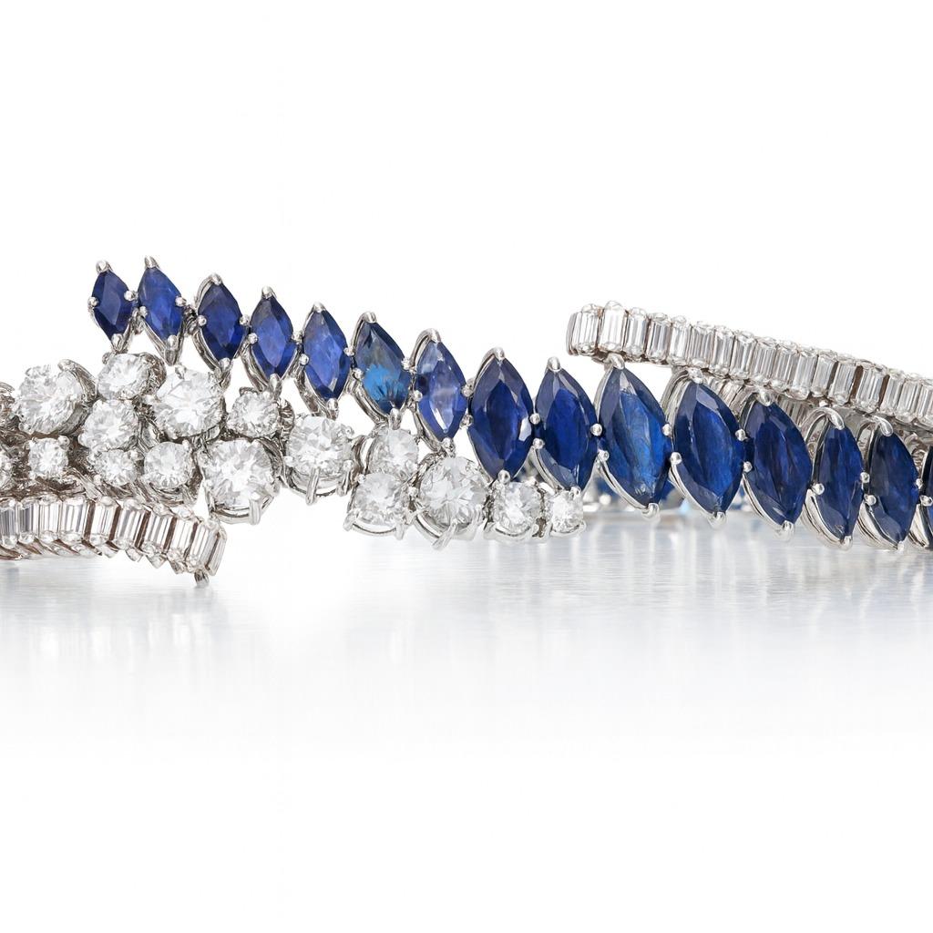 Taille Marquise Bracelet Vintage en Platine 18 Carat Marquise Saphir Diamant en vente
