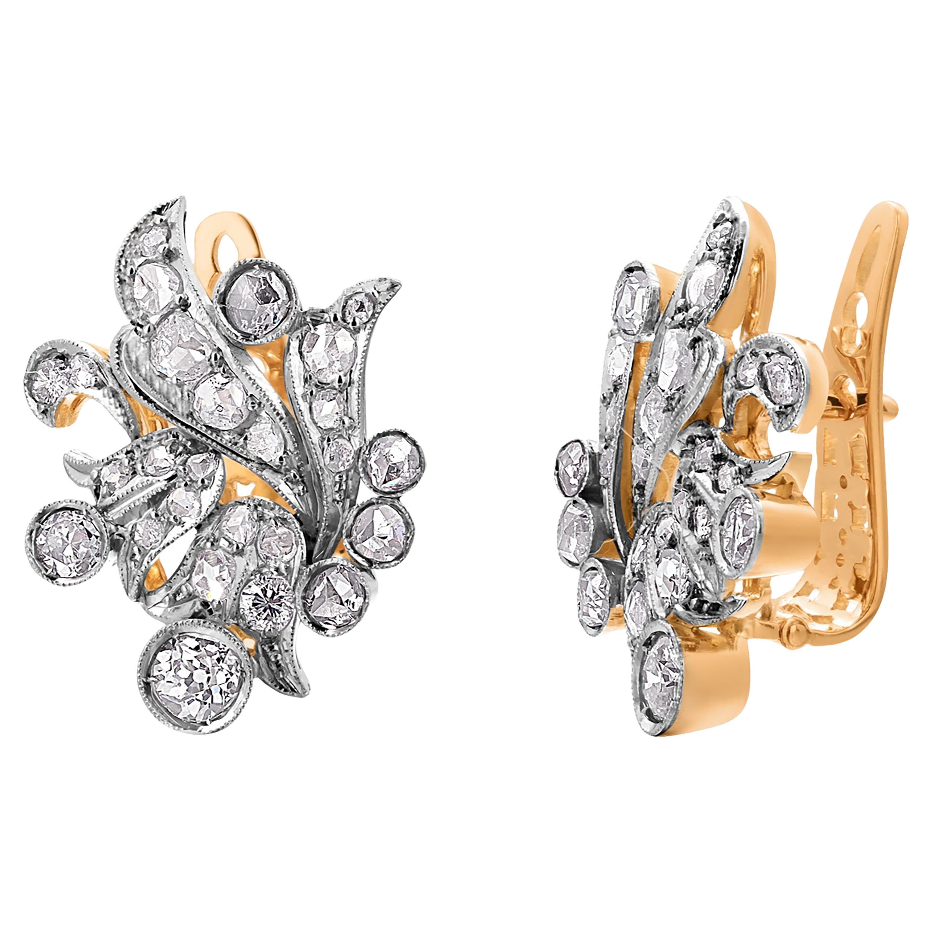Boucles d'oreilles vintage en or 18 carats avec diamants taille rose de 0,50 carat et diamants de 0,80 pouce