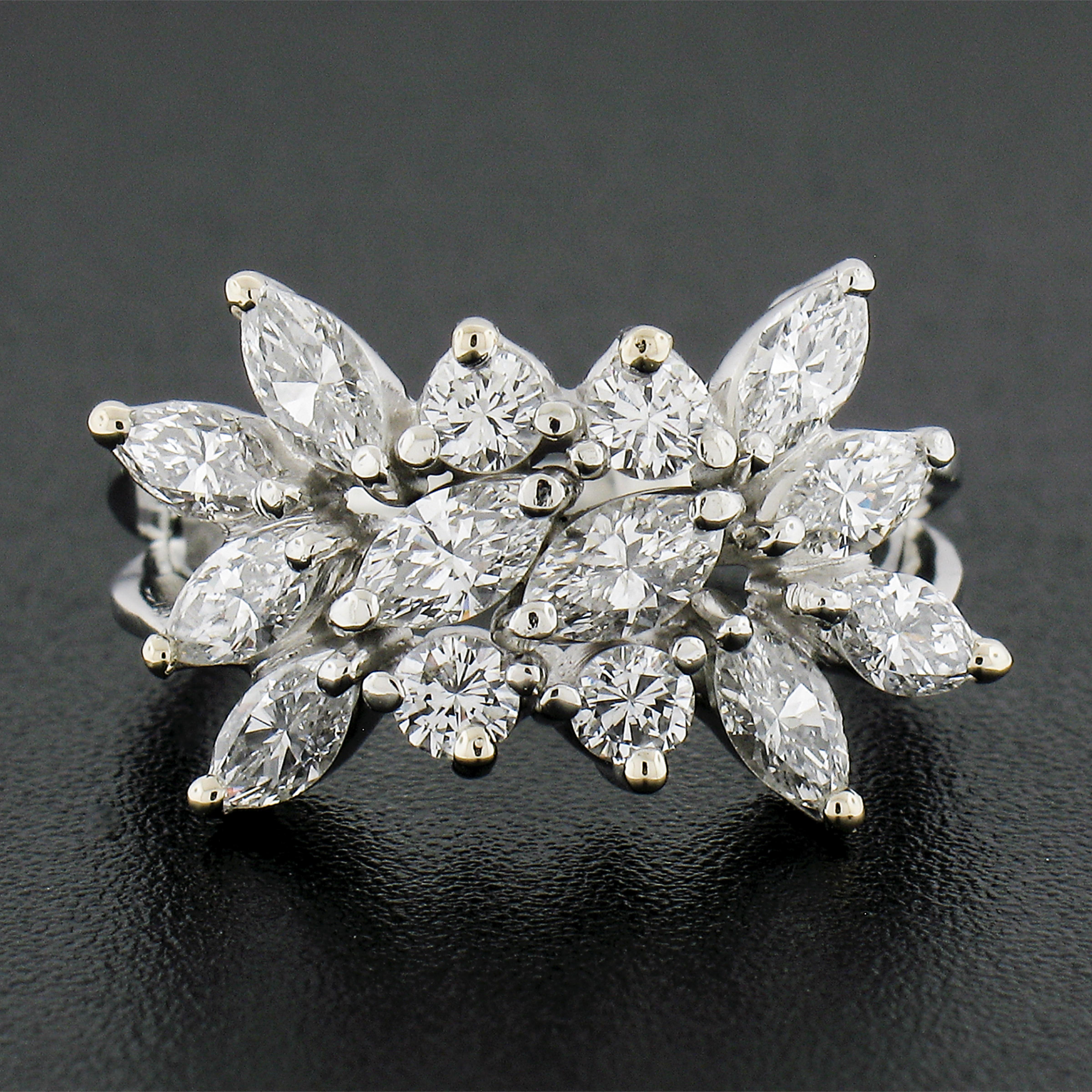 Marquise Cut Vintage Platinum 1.80ctw Marquise & Round Diamond Spray Cocktail Band Ring For Sale