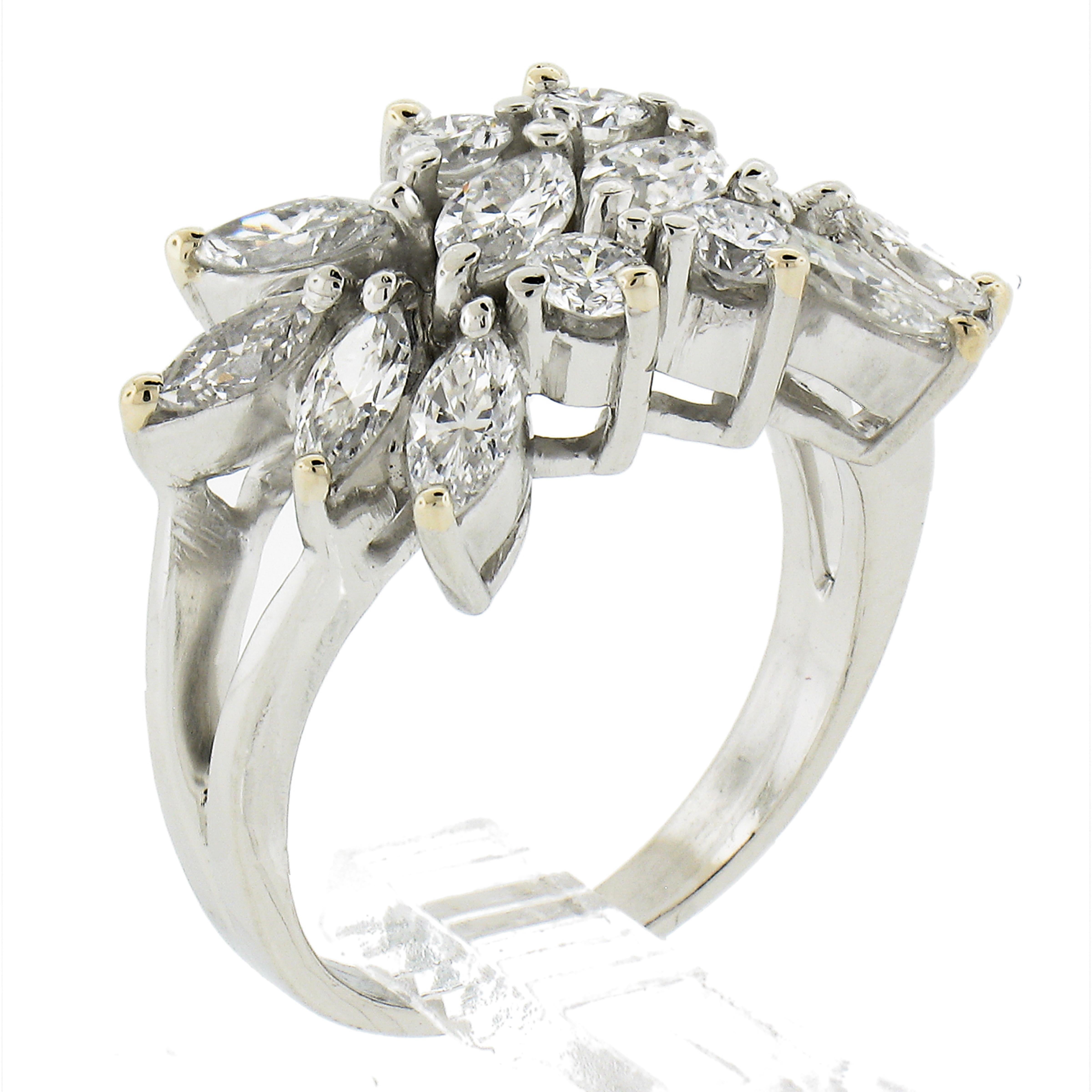 Vintage Platinum 1.80ctw Marquise & Round Diamond Spray Cocktail Band Ring For Sale 4