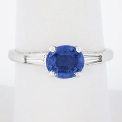 Vintage Platinum 1.82ctw GIA Oval Blue Sapphire & Tapered Baguette Diamond Ring