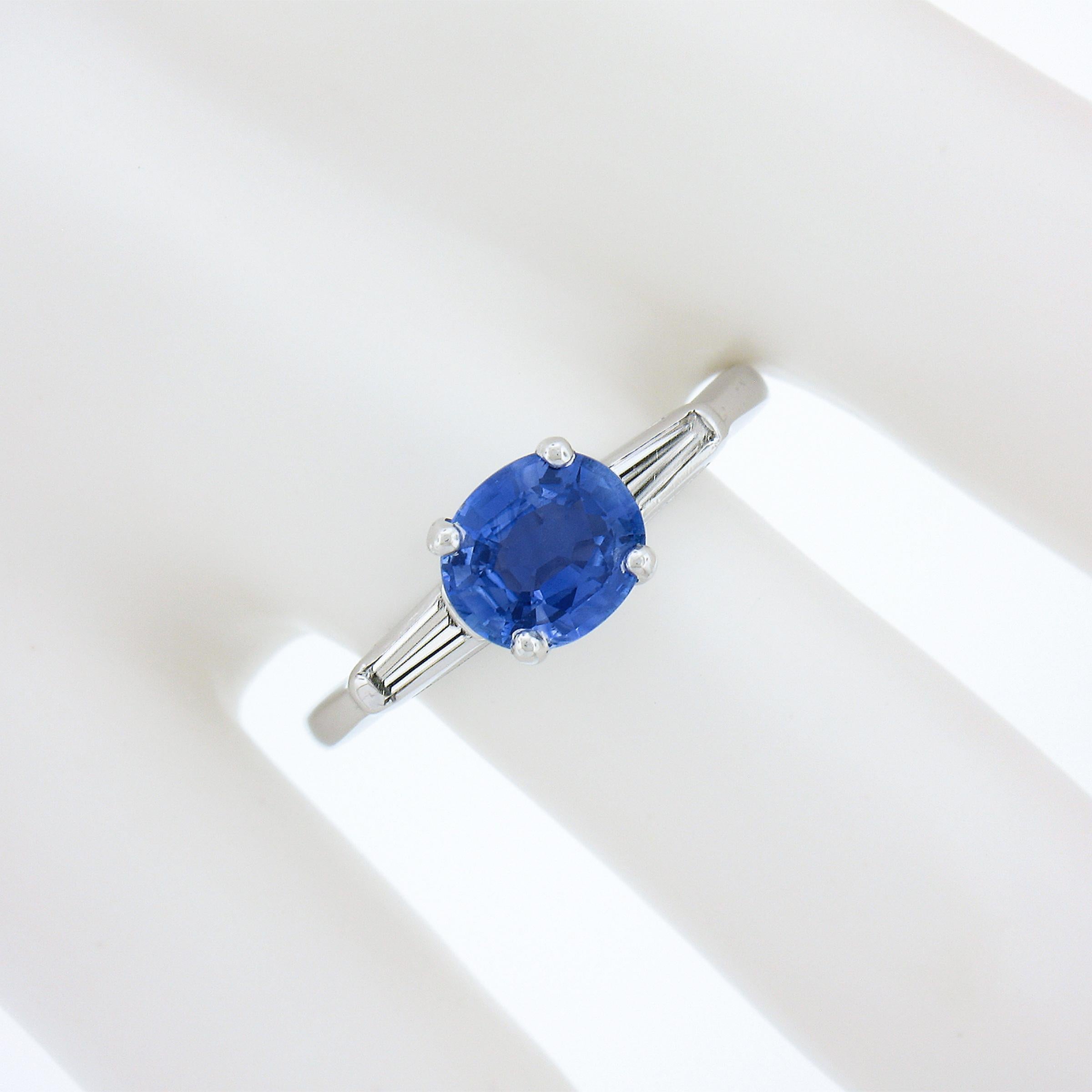 Vintage Platinum 1.82ctw GIA Oval Blue Sapphire & Tapered Baguette Diamond Ring In Excellent Condition For Sale In Montclair, NJ