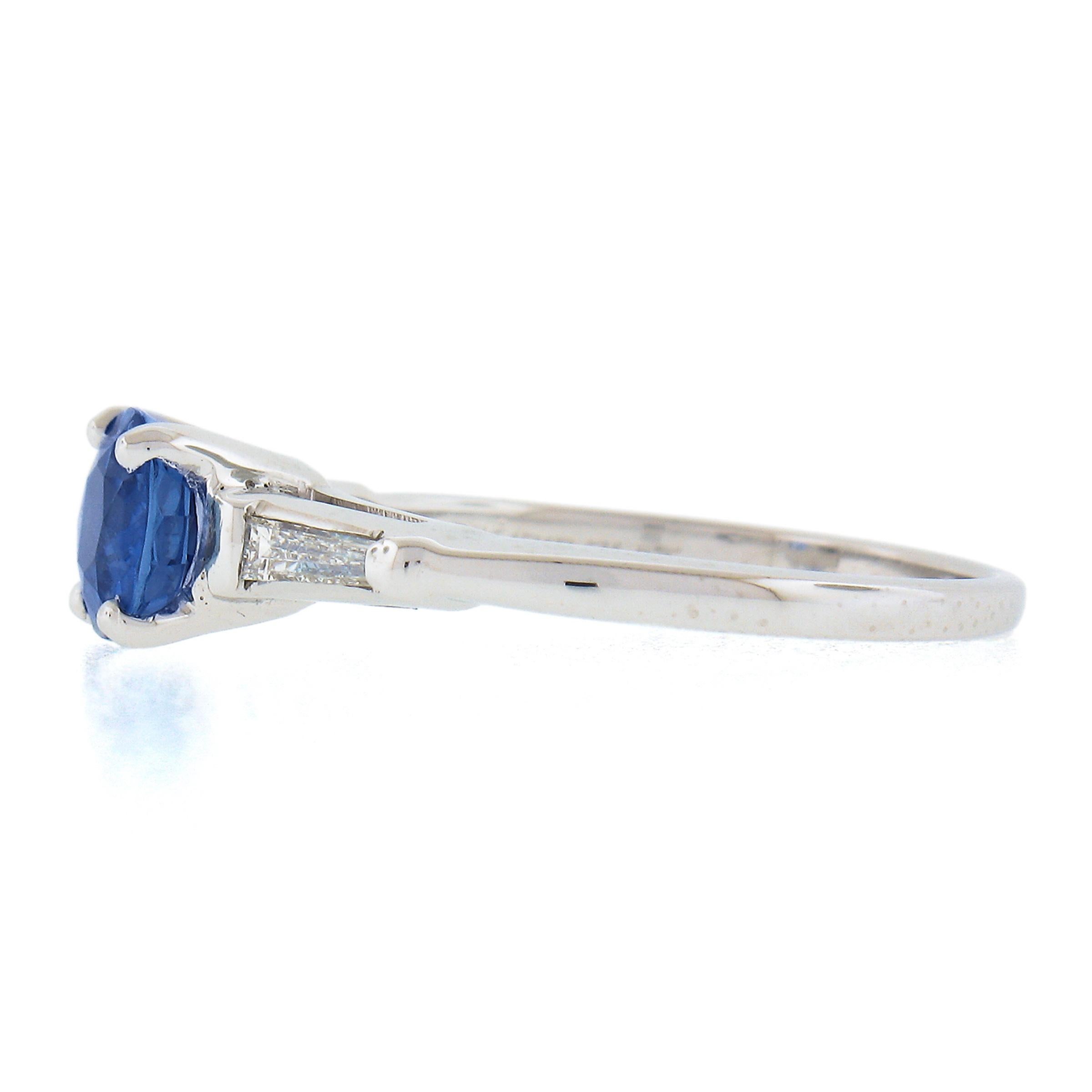 Vintage Platinum 1.82ctw GIA Oval Blue Sapphire & Tapered Baguette Diamond Ring For Sale 1