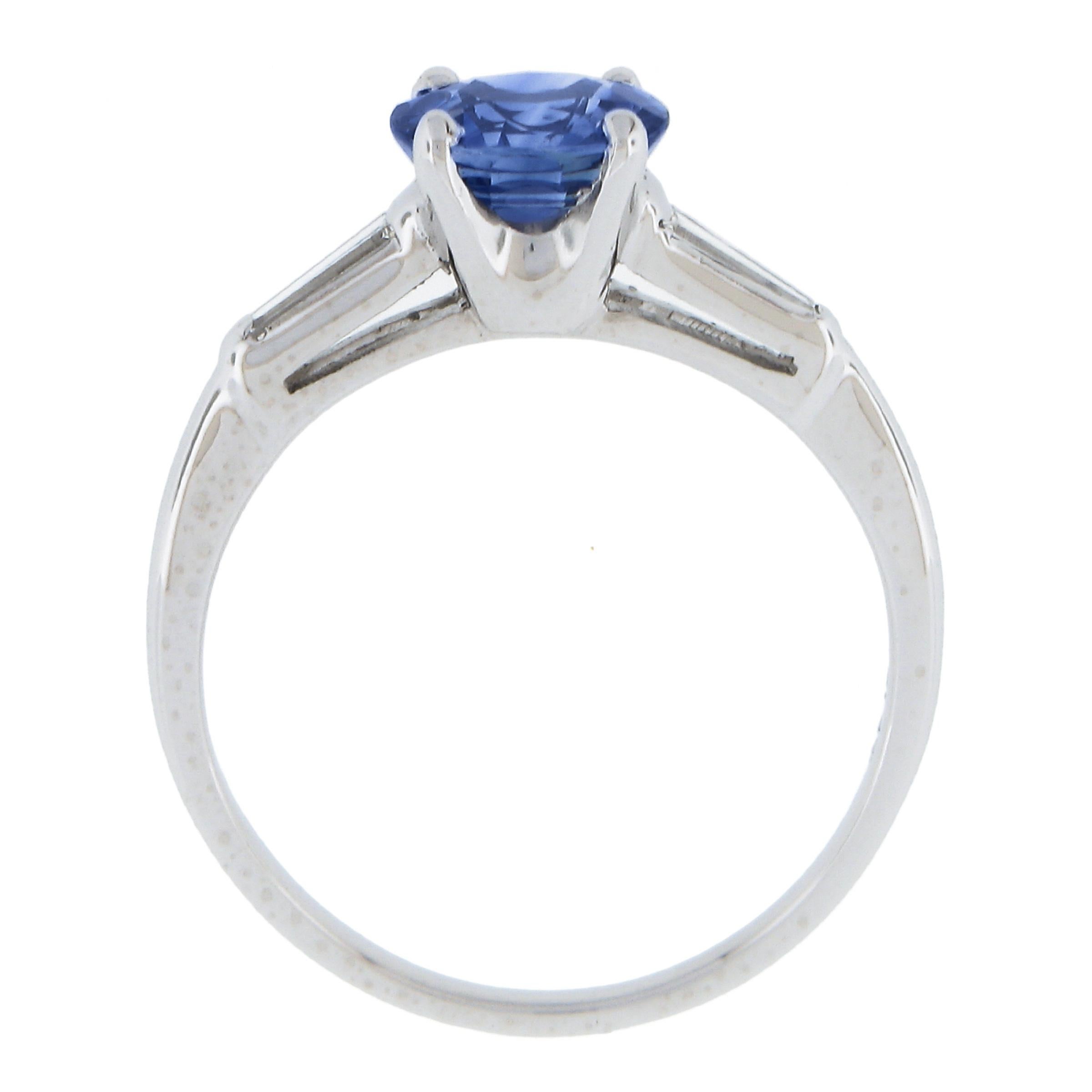 Vintage Platinum 1.82ctw GIA Oval Blue Sapphire & Tapered Baguette Diamond Ring For Sale 3