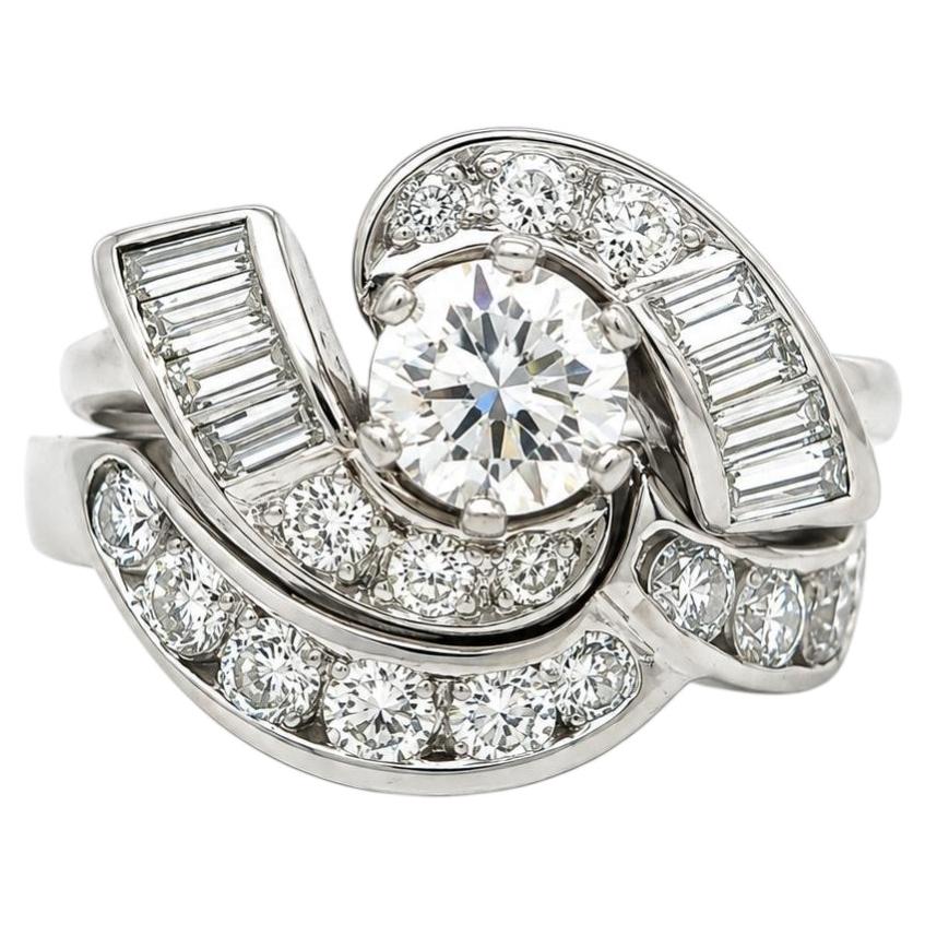 Vintage Platinum 1.86ctw Old Diamond Swirl Engagement w/ Custom Band Ring For Sale