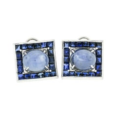 Vintage Platinum 18.78ctw GIA Oval Cabochon & Square Blue Star Sapphire Earrings