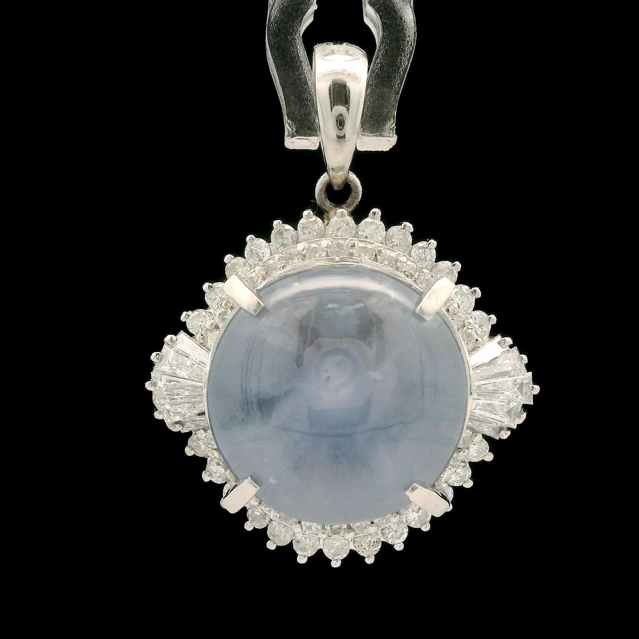 Vintage Platinum 18.85ctw GIA Round Cabochon Star Sapphire Diamond Halo Pendant For Sale 6