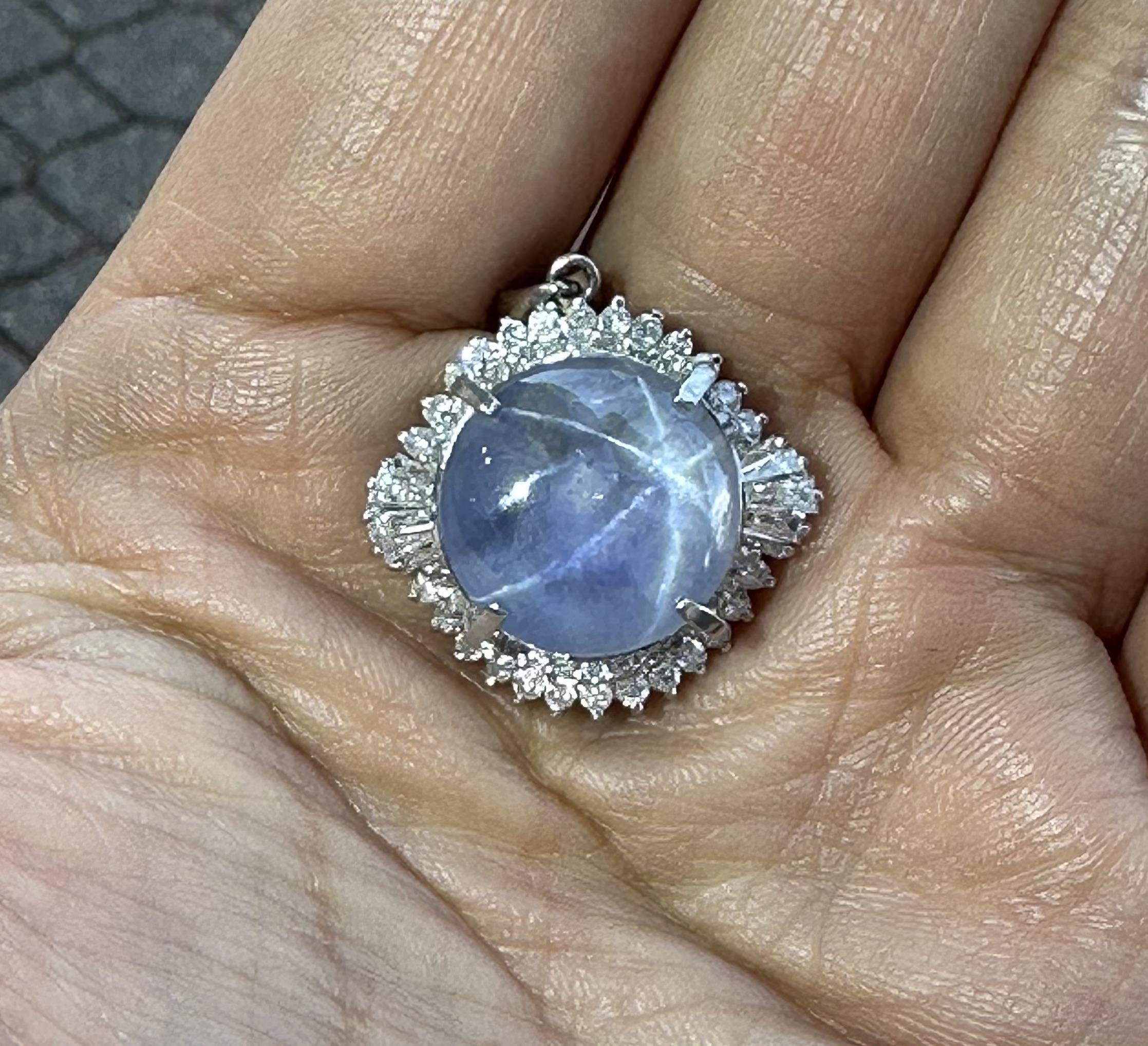 Vintage Platinum 18.85ctw GIA Round Cabochon Star Sapphire Diamond Halo Pendant For Sale 7