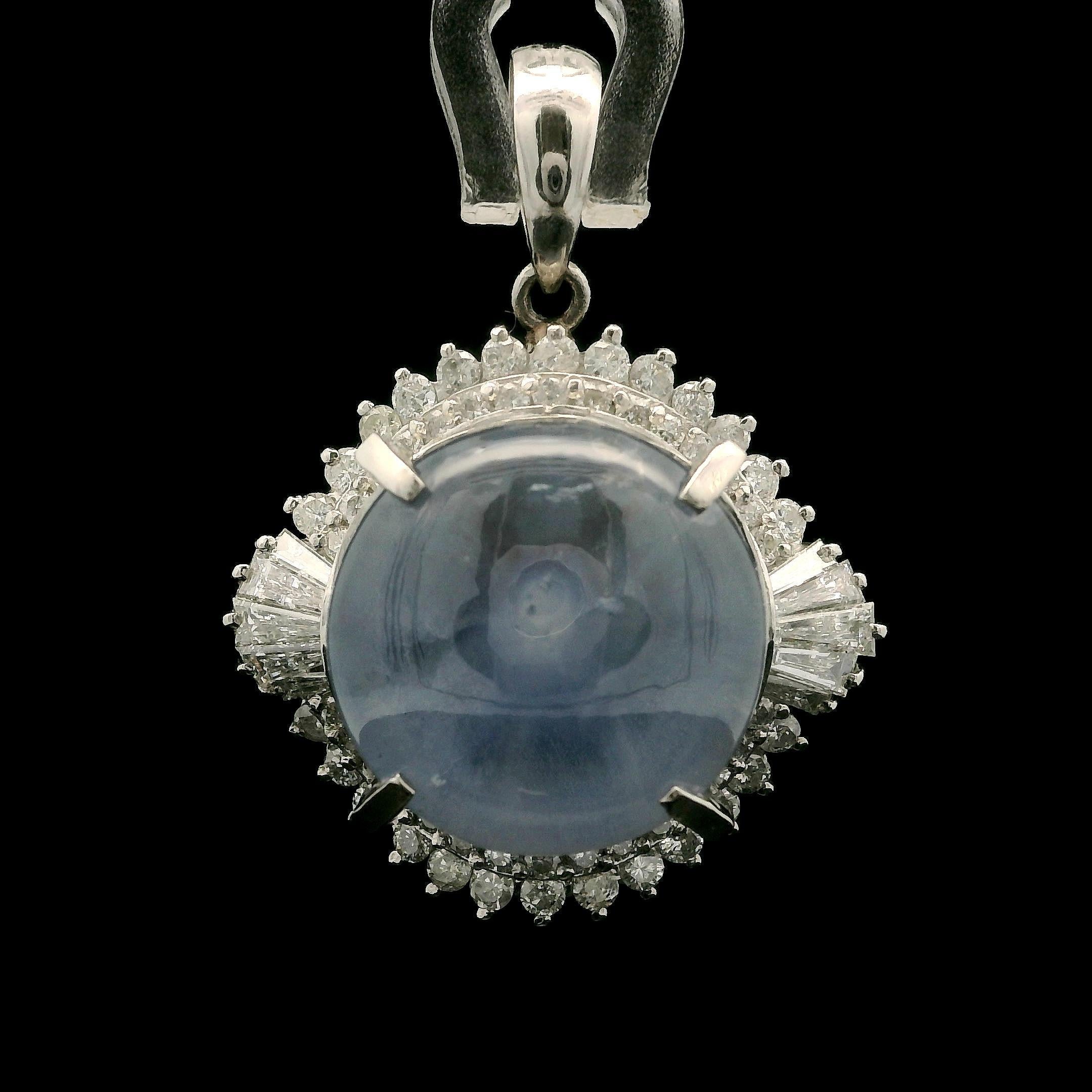 Women's Vintage Platinum 18.85ctw GIA Round Cabochon Star Sapphire Diamond Halo Pendant For Sale