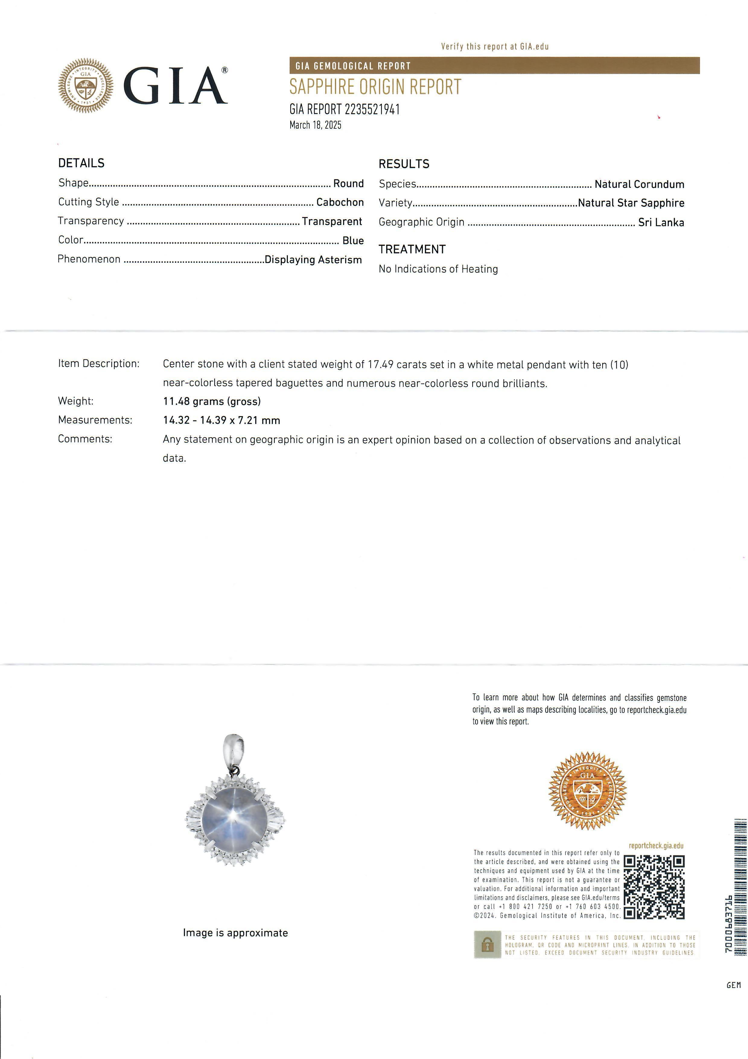Vintage Platinum 18.85ctw GIA Round Cabochon Star Sapphire Diamond Halo Pendant For Sale 1