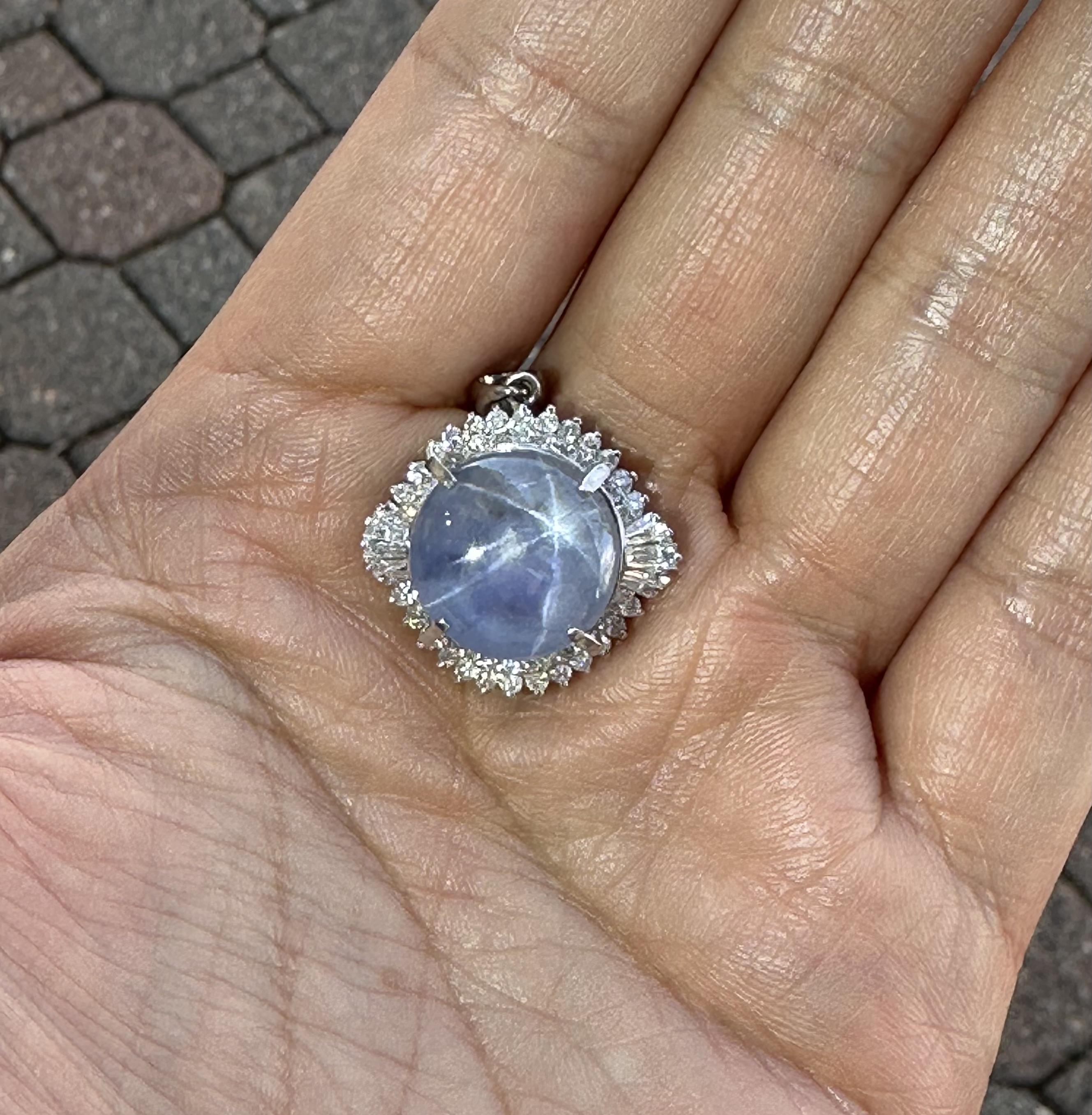 Vintage Platinum 18.85ctw GIA Round Cabochon Star Sapphire Diamond Halo Pendant For Sale 2