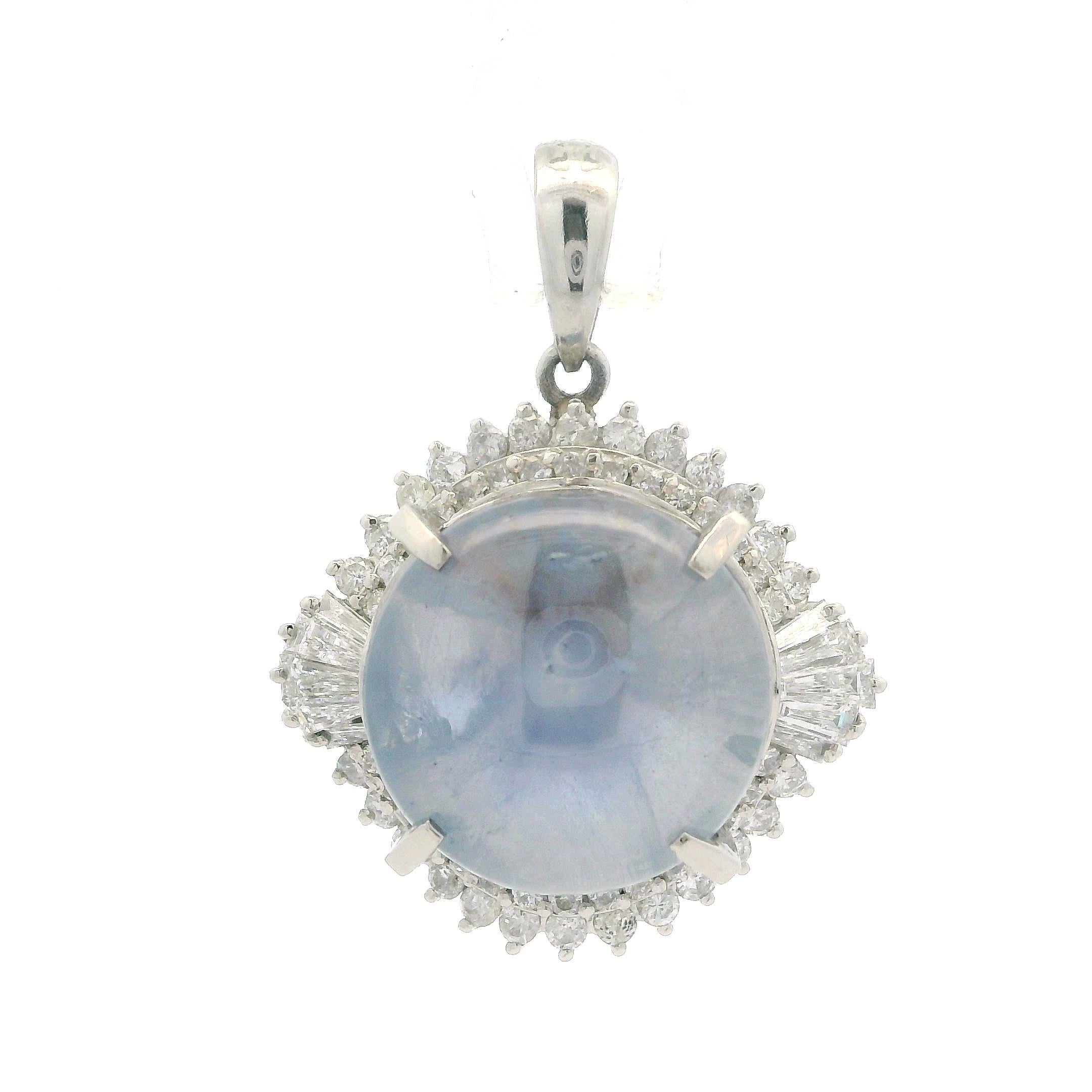 Vintage Platinum 18.85ctw GIA Round Cabochon Star Sapphire Diamond Halo Pendant For Sale 3