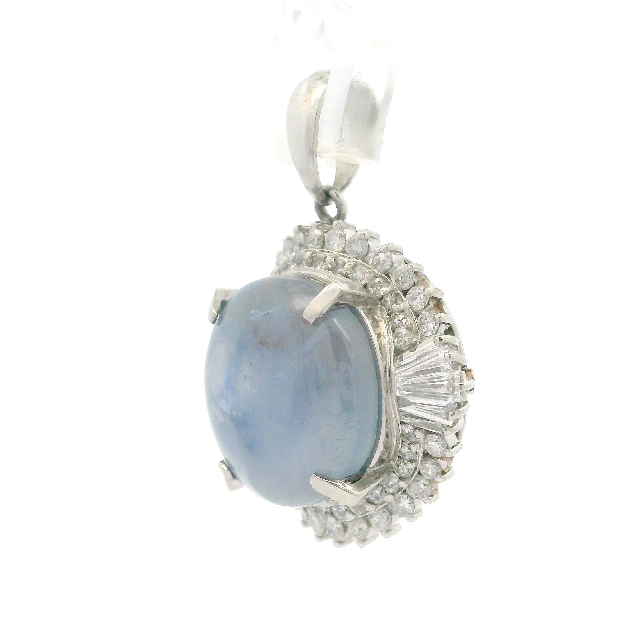 Vintage Platinum 18.85ctw GIA Round Cabochon Star Sapphire Diamond Halo Pendant For Sale 5