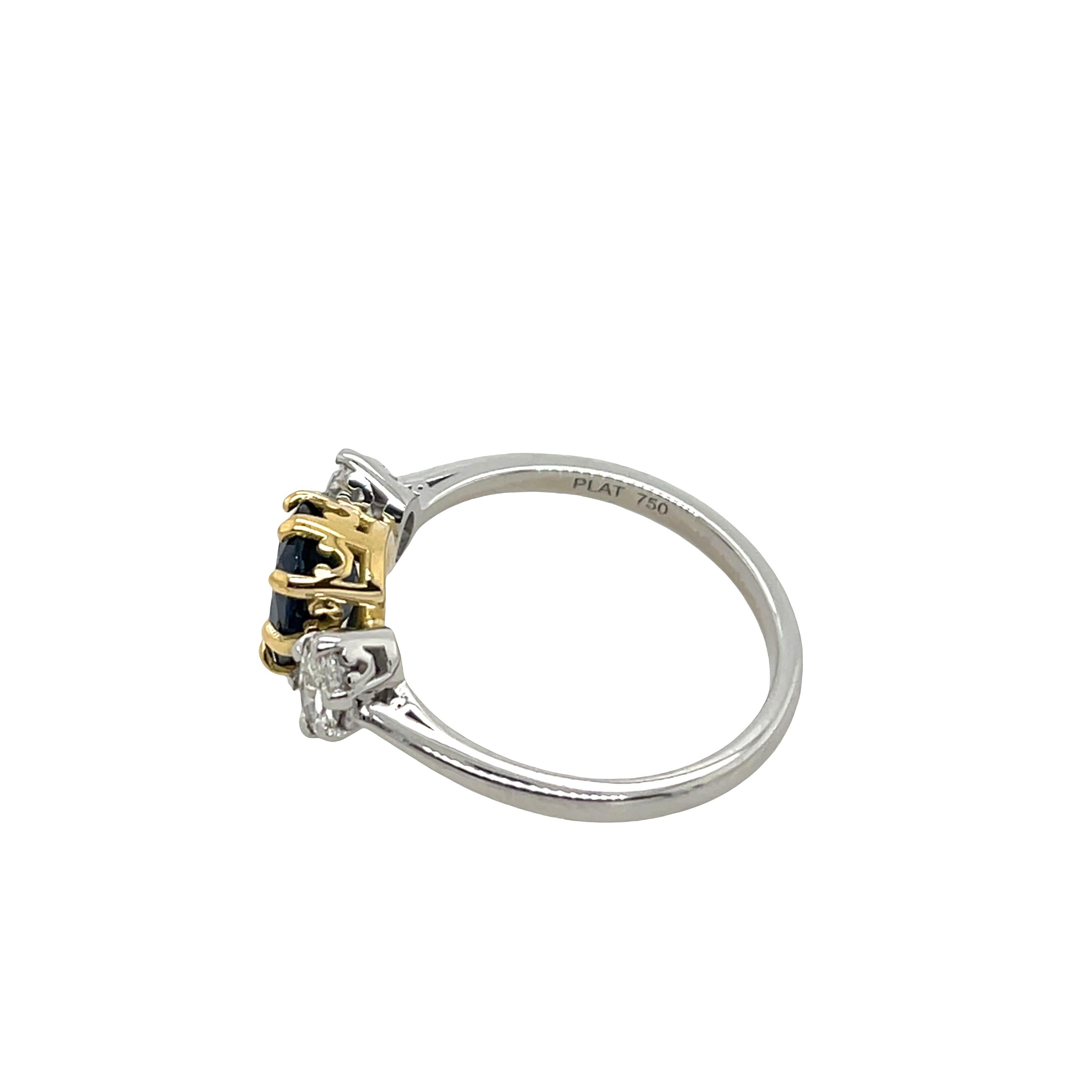 Round Cut Vintage Platinum & 18ct Yellow Gold Oval 3 Stone Diamond and Sapphire Ring For Sale