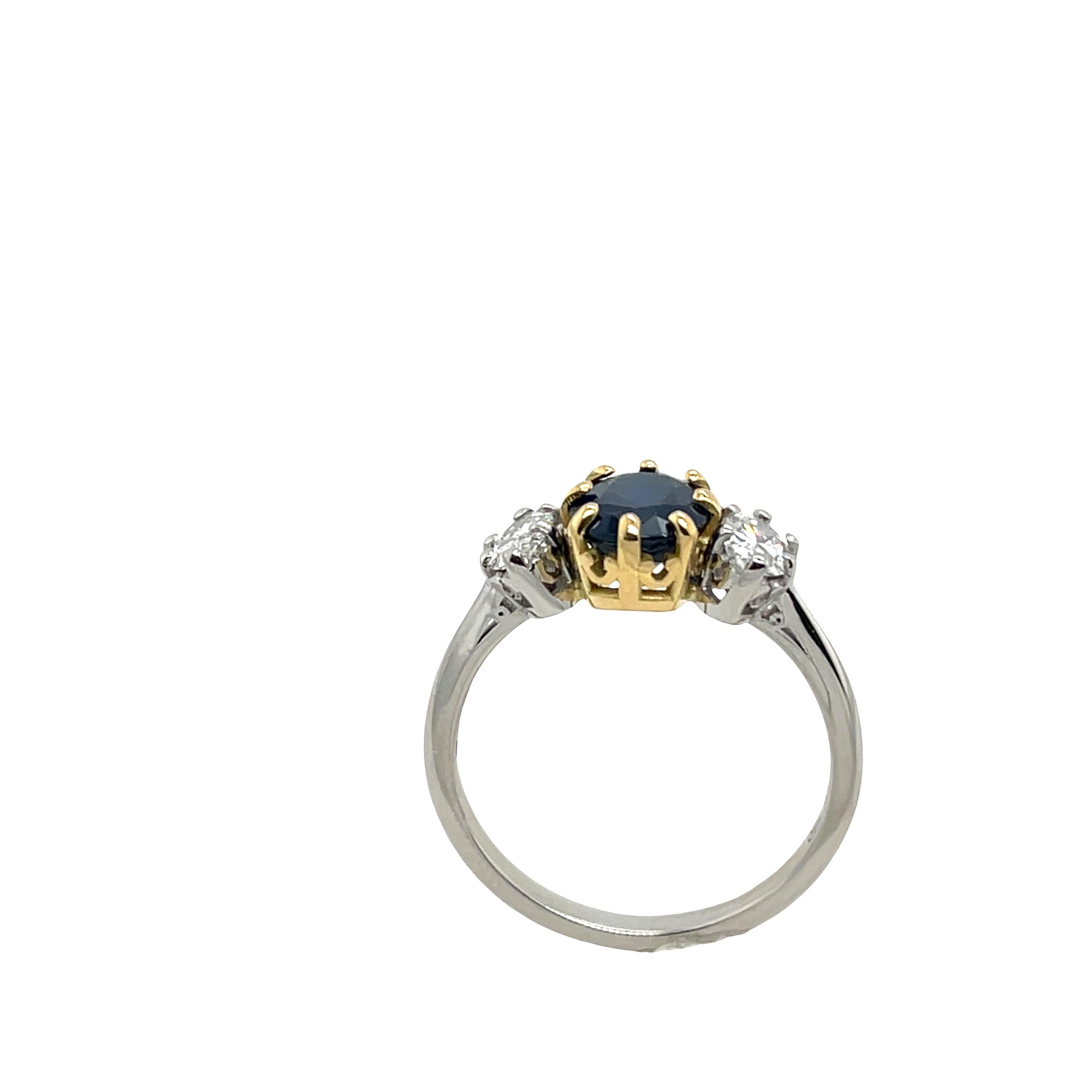 Women's Vintage Platinum & 18ct Yellow Gold Oval 3 Stone Diamond and Sapphire Ring For Sale
