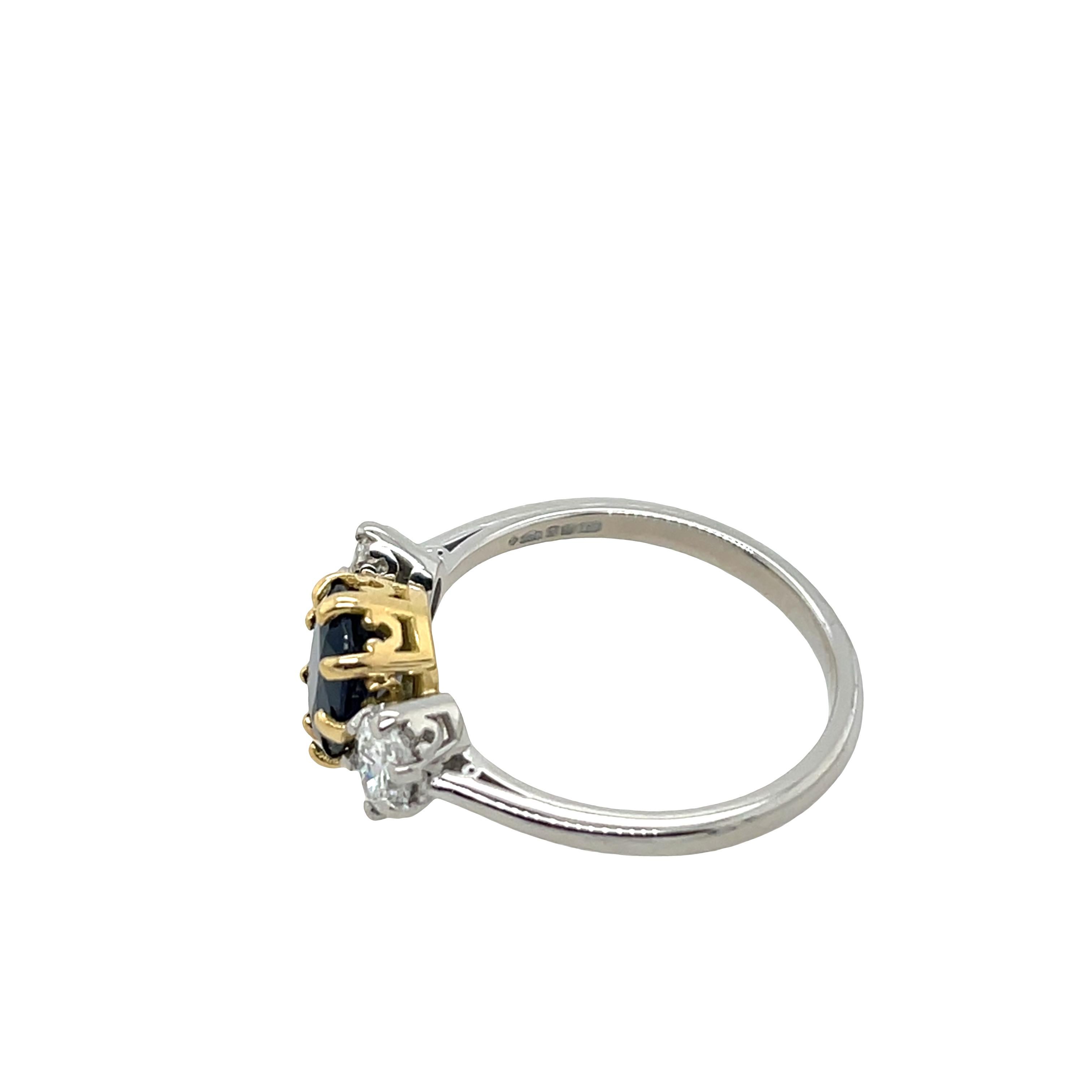 Vintage Platinum & 18ct Yellow Gold Oval 3 Stone Diamond and Sapphire Ring For Sale 1
