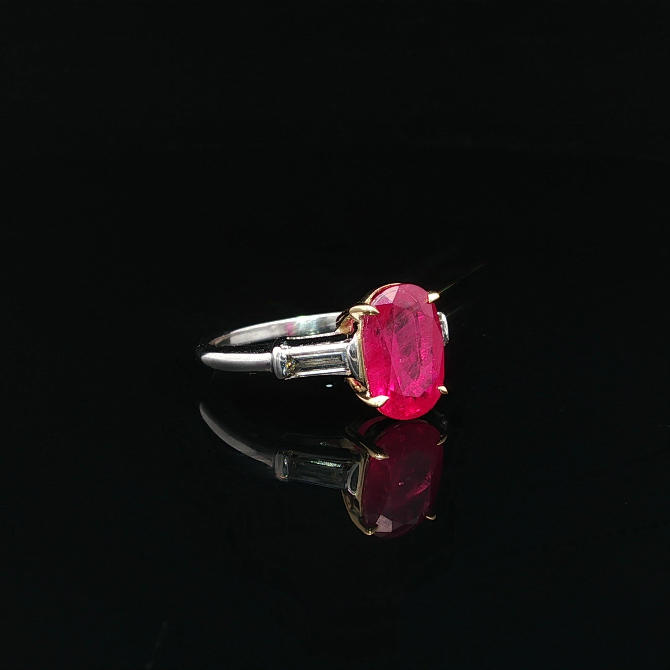 Vintage Platinum 18k Gold GIA 2.55ctw Oval Red Ruby Baguette Diamond Accent Ring in vendita 10