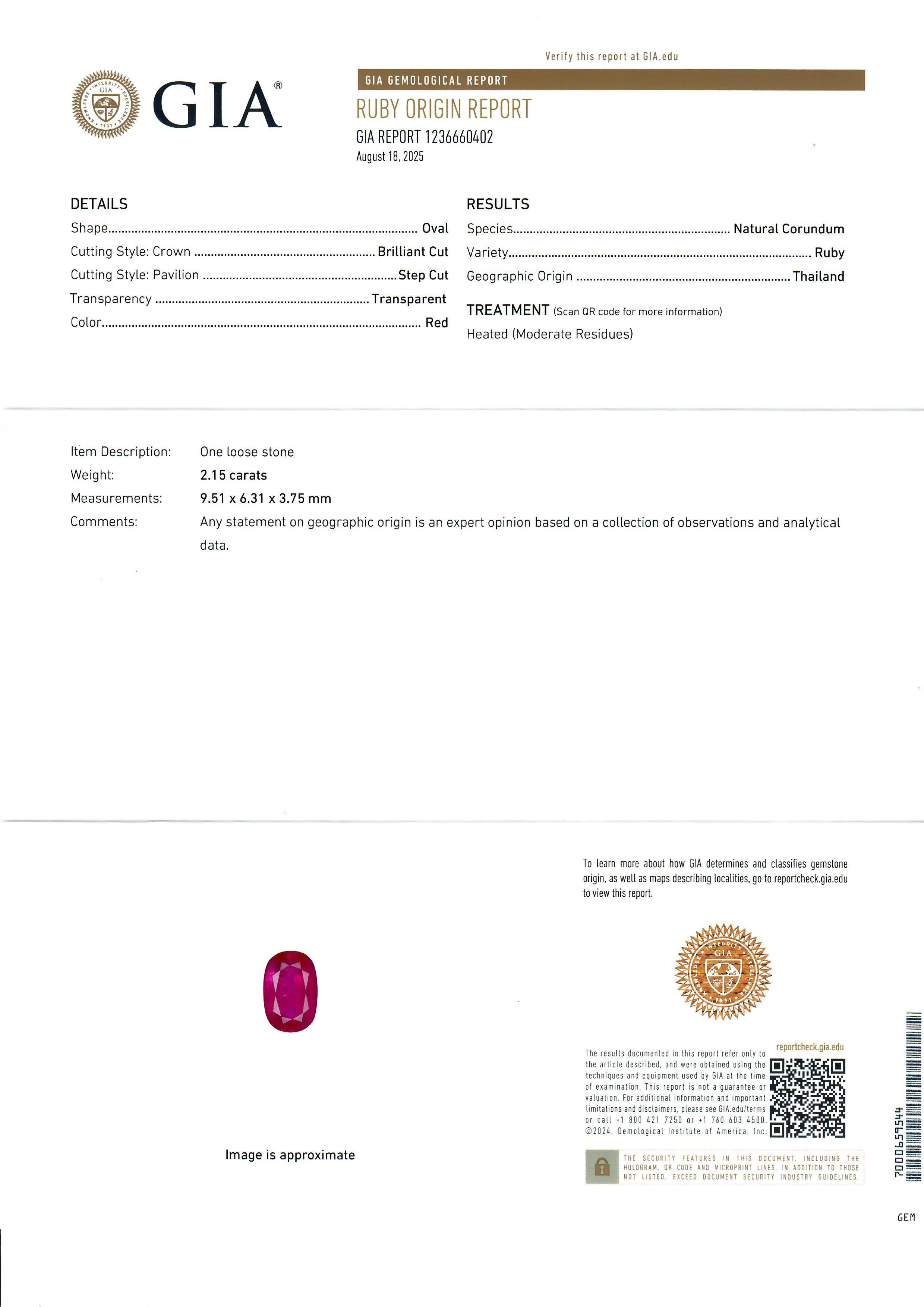 --Stone(s):--
(1) Natural Genuine Ruby - Elongated Oval Brilliant Cut - Claw Prong Set - Bright Red Color - Heated - 2.15ct (exact)
** See Certification Details Below for Complete Info **
(2) Natural Genuine Diamonds - Straight Baguette Cut -