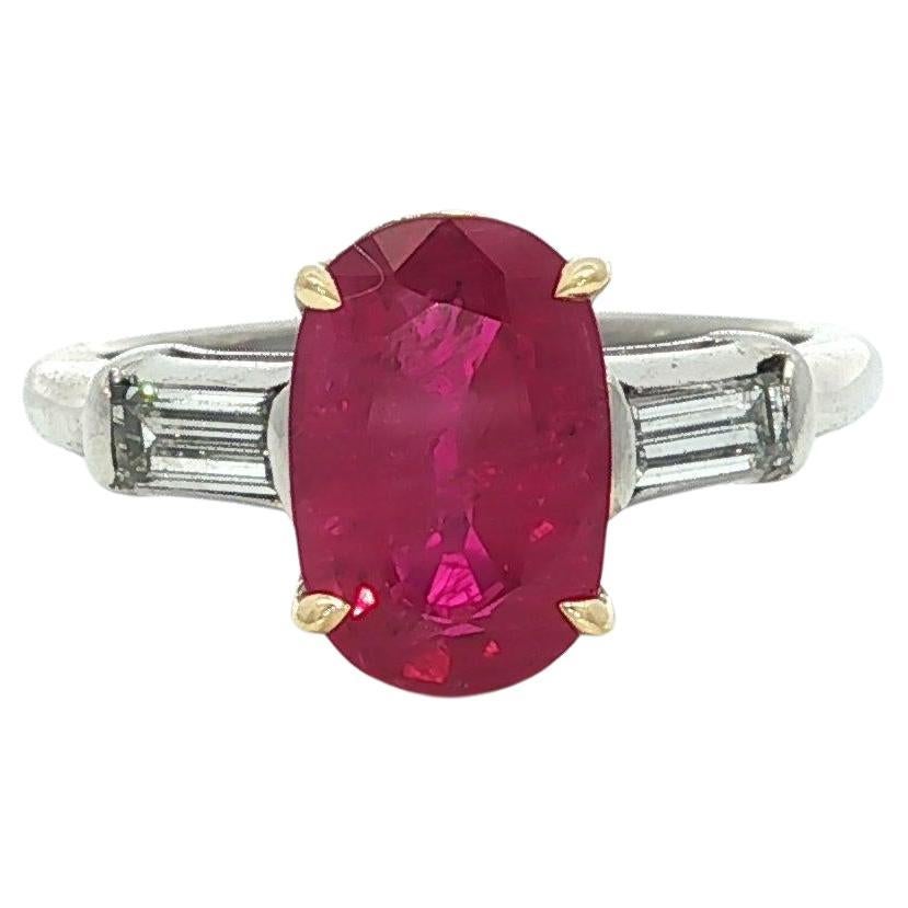 Vintage Platinum 18k Gold GIA 2.55ctw Oval Red Ruby Baguette Diamond Accent Ring in vendita