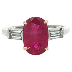 Vintage Platinum 18k Gold GIA 2.55ctw Oval Red Ruby Baguette Diamond Accent Ring