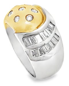 Vintage Platinum & 18k Yellow Gold Dome Ring with Curved Shank, Flared Baguettes