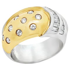 Vintage Platinum & 18k Yellow Gold Dome Ring with Curved Shank, Flared Baguettes