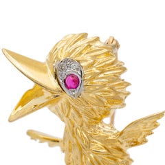 Vintage Platinum & 18K Yellow Gold Ruby & Diamond Whimsical Fifties Bird Brooch