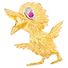 Vintage Platinum 
18K Yellow Gold Ruby 
Diamond Whimsical Fifties Bird Brooch