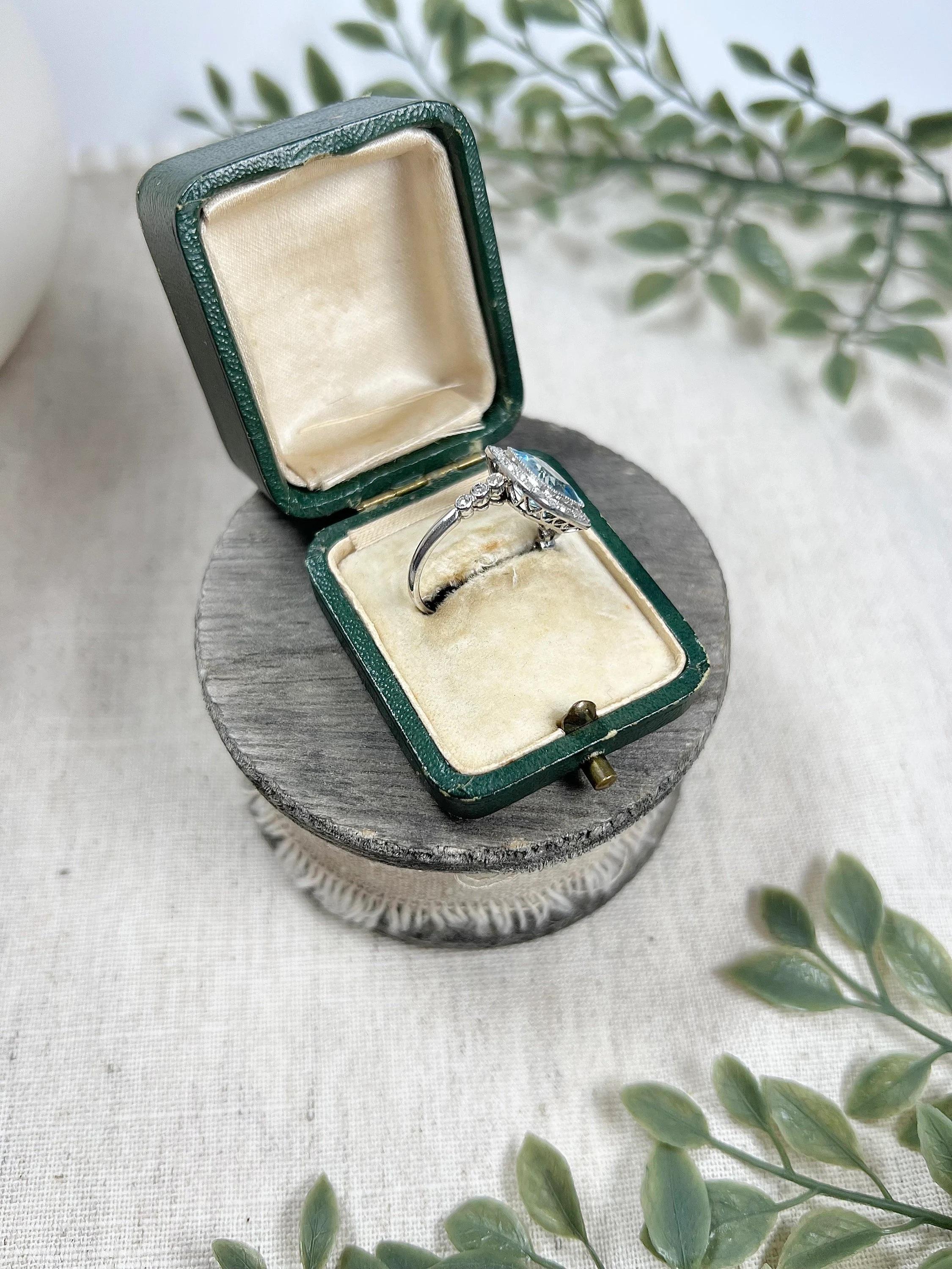 Vintage Platinum 1940s Aquamarine & Diamond Halo Cluster Ring For Sale 1
