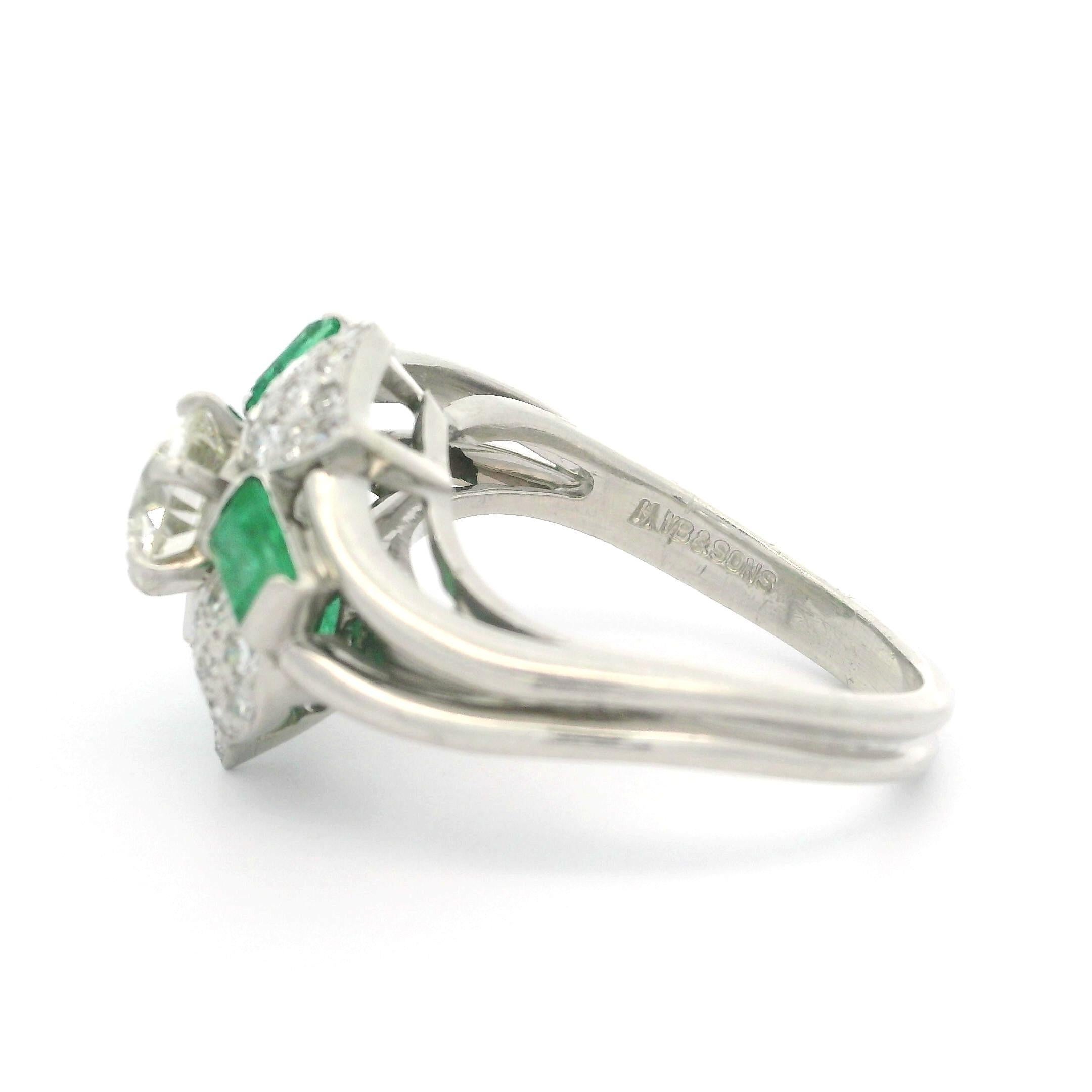 Vintage Platinum 1940s Mid Century 1.98ctw Diamond Emerald Flower Cocktail Ring For Sale 5