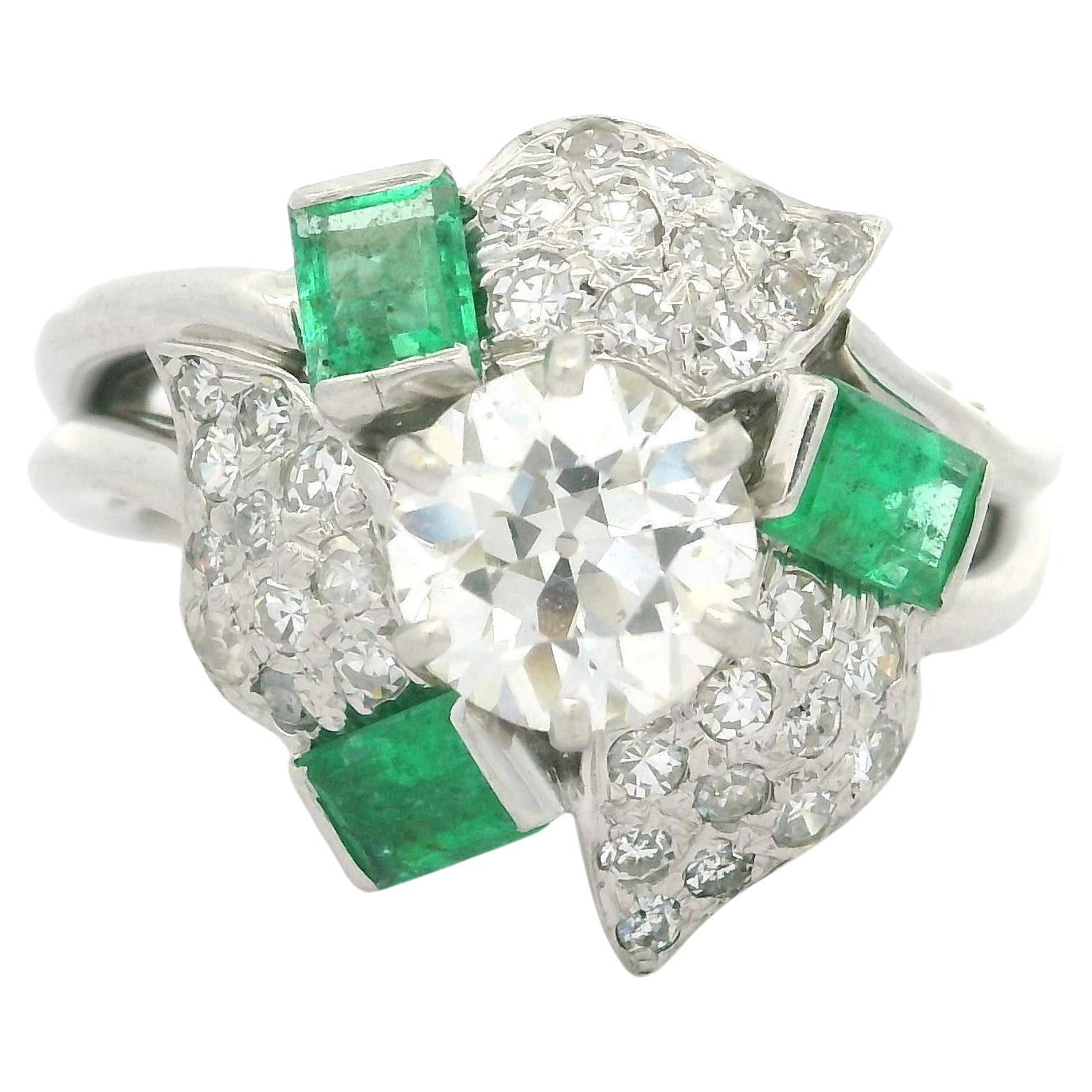 Vintage Platinum 1940s Mid Century 1.98ctw Diamond Emerald Flower Cocktail Ring