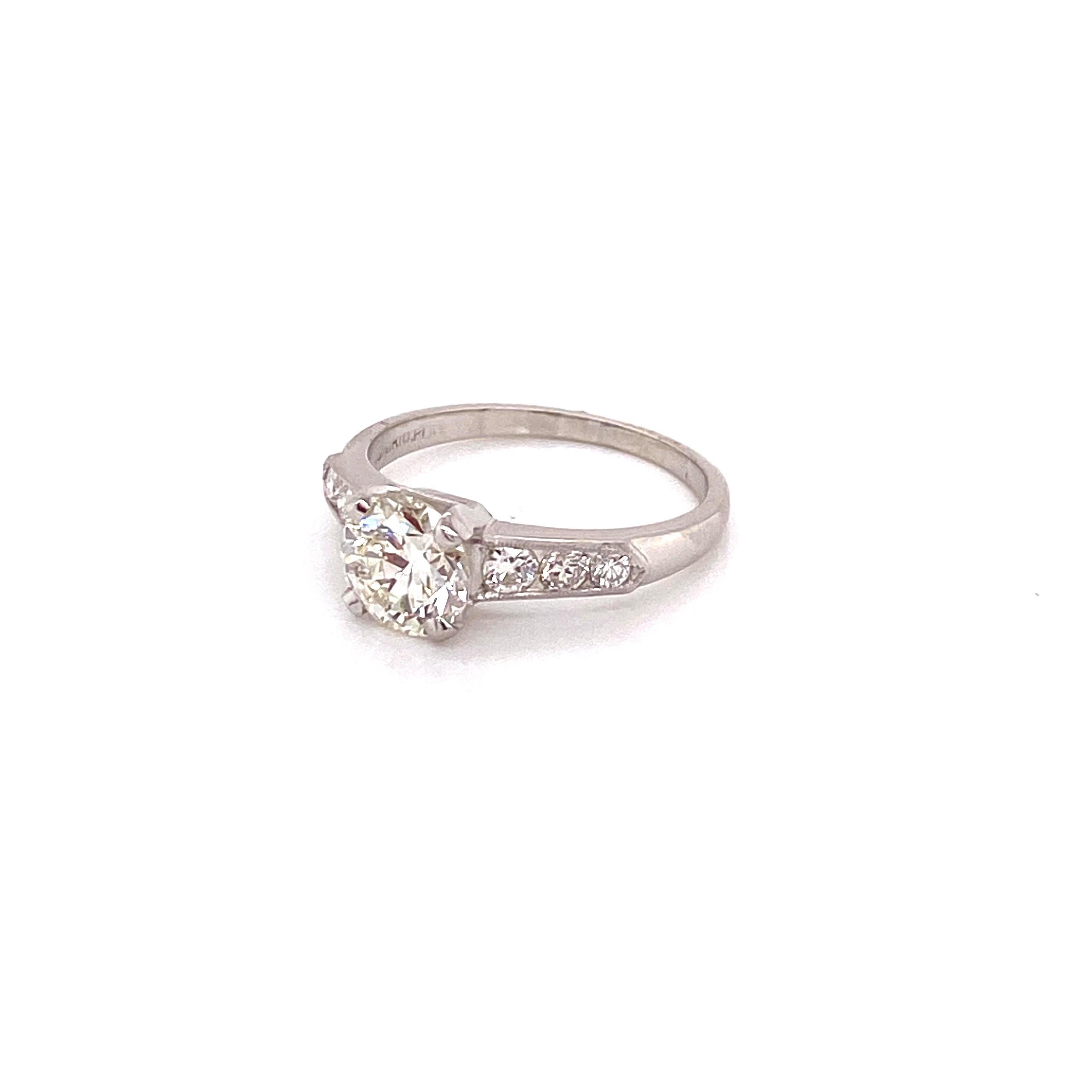 Women's Vintage Platinum 1950s 1.31 Carat Round Diamond Ring For Sale