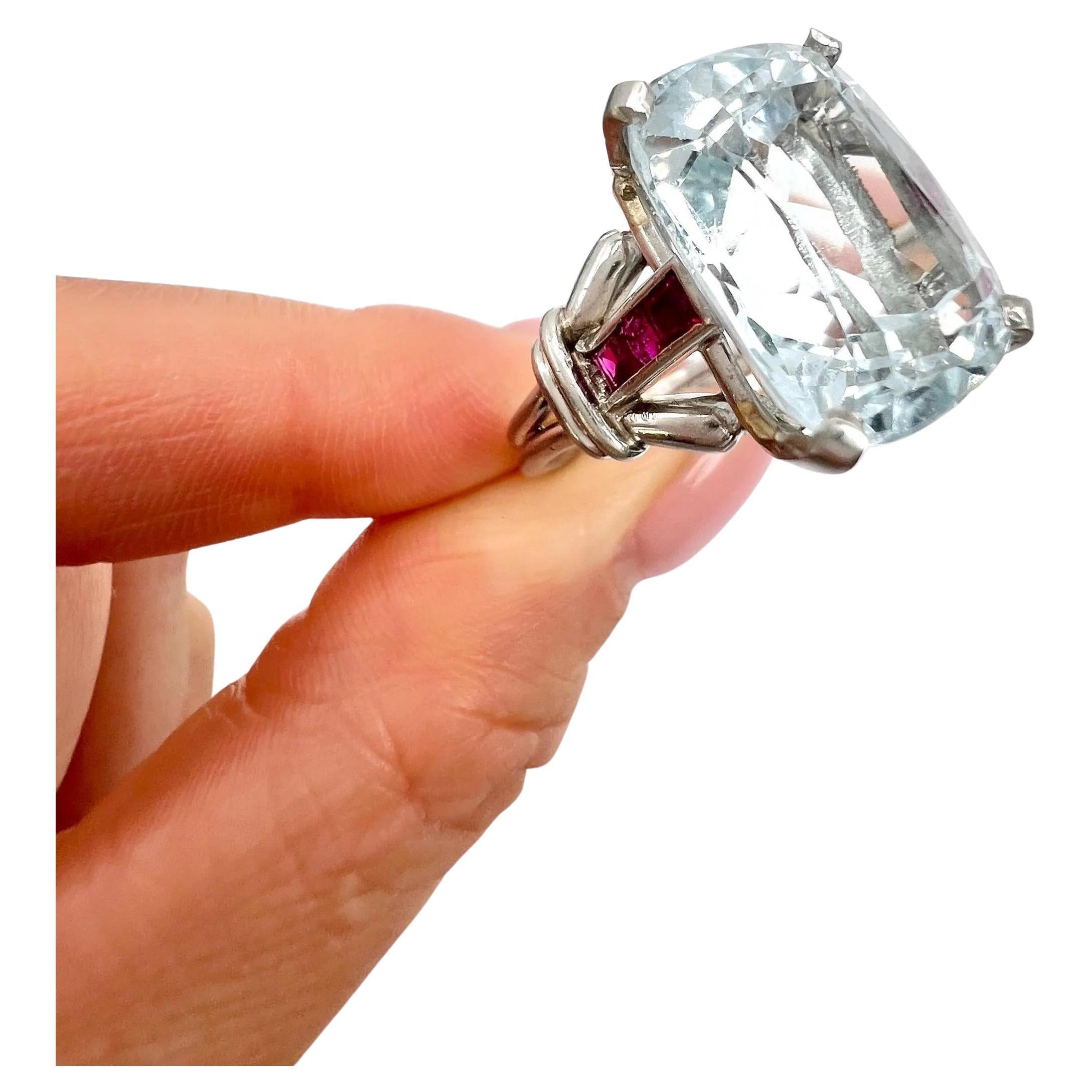 Vintage Platinum, 1960s Cushion Cut Aquamarine & Calibrated Ruby Cocktail Ring For Sale