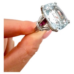 Vintage Platinum, 1960s Cushion Cut Aquamarine & Calibrated Ruby Cocktail Ring
