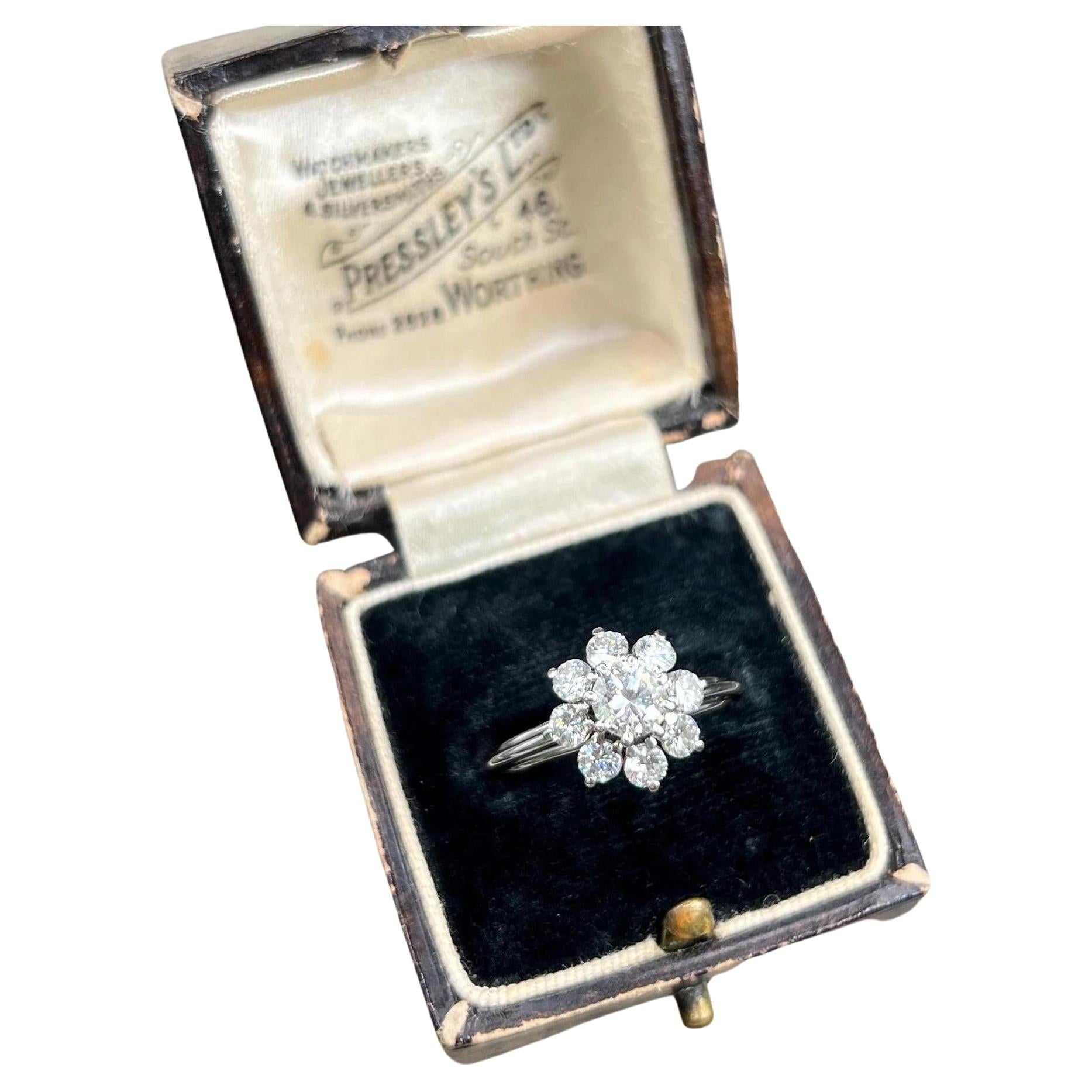 Vintage Platinum, 1980s 1.50ct Diamond Daisy Cluster Ring, Vintage Engagement Ri