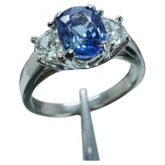 Vintage Platinum 1.9ct Sapphire Half Moon Diamond 3 Stone Ring Estate Jewelry