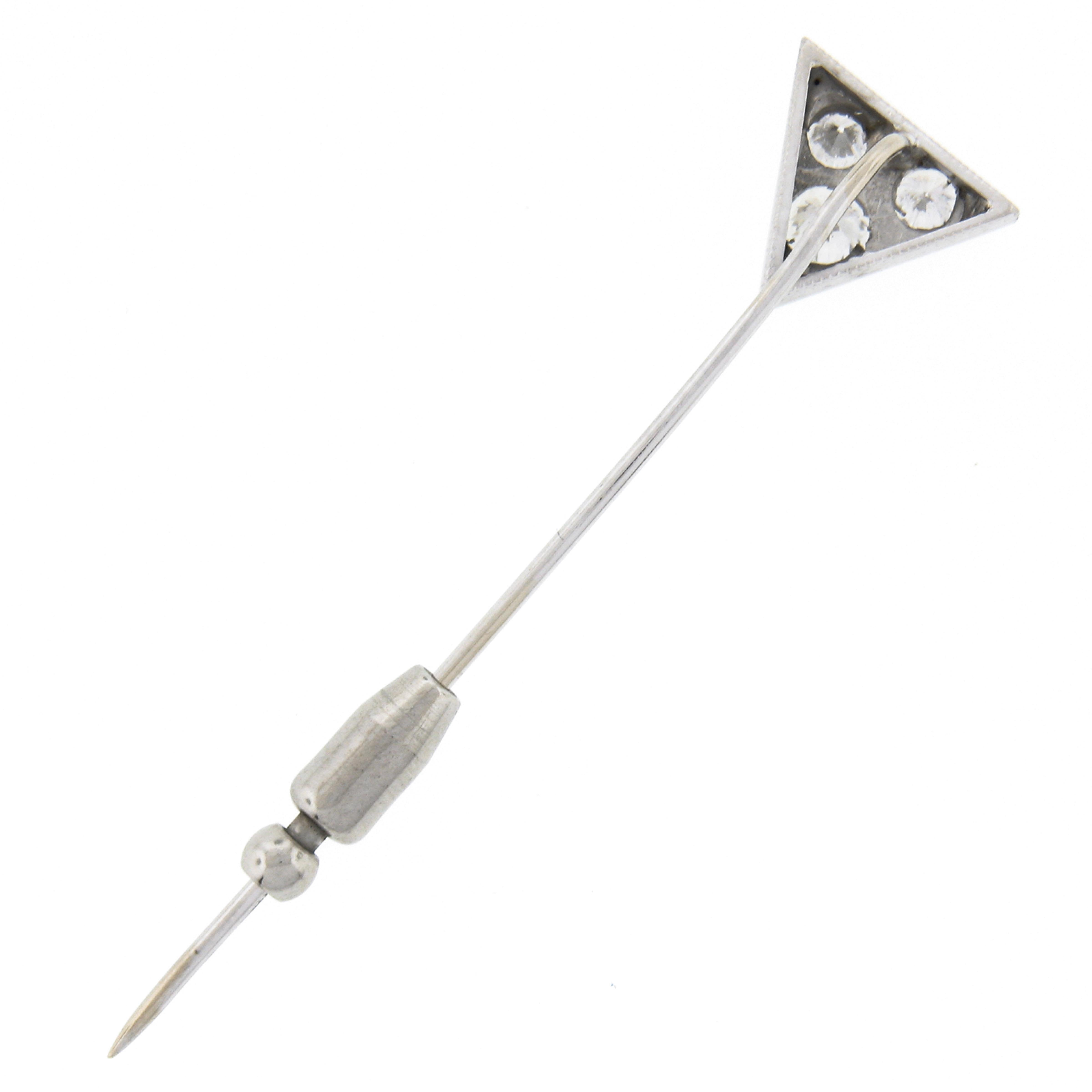Arts and Crafts Vintage Platinum 1ct Brilliant Pave Diamond Detailed Triangle Trillion Stick Pin For Sale